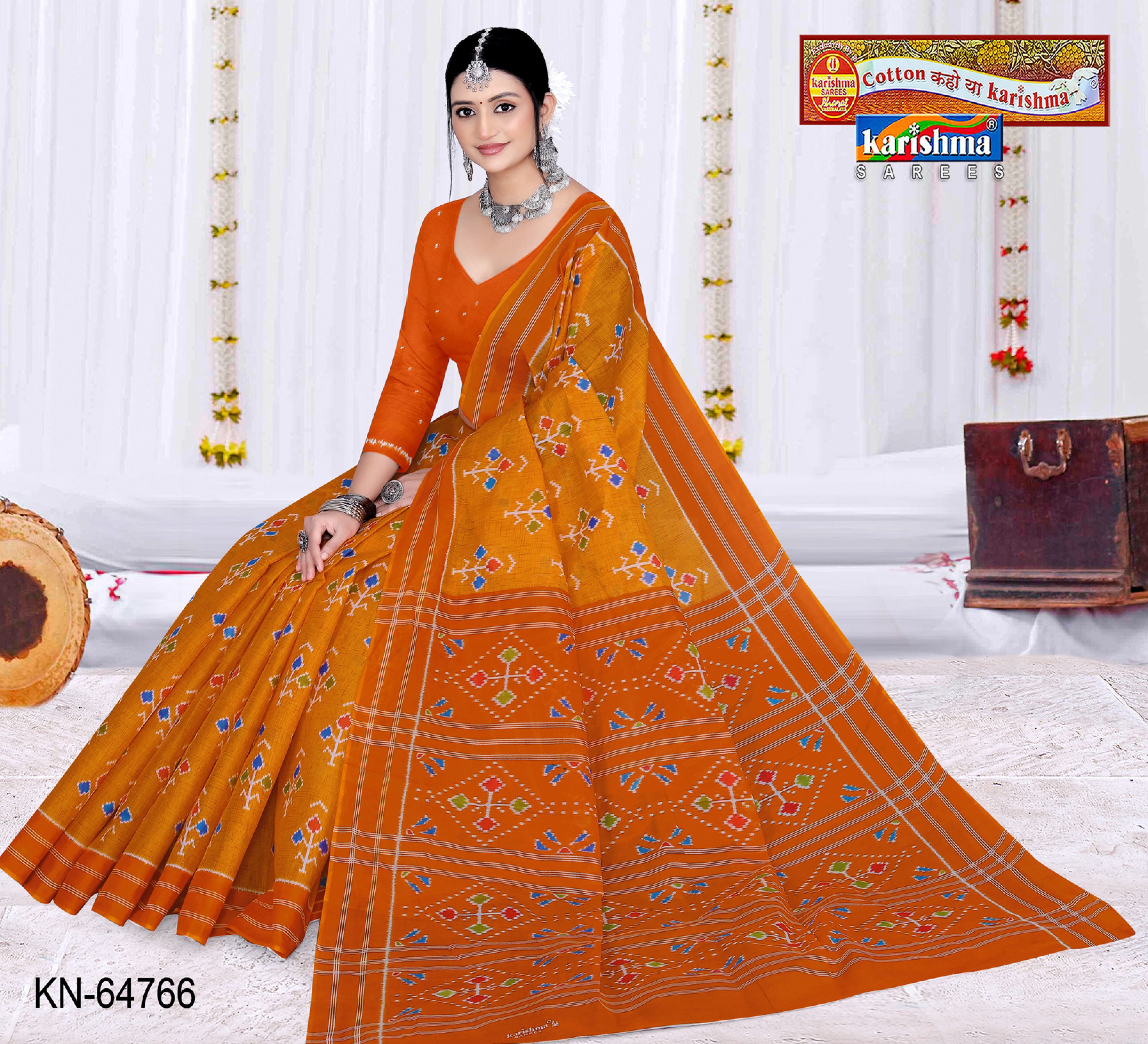 Yellow Pure Cotton Mulmul (Stiff) Saree With Simple Ikat Print And Plain Border