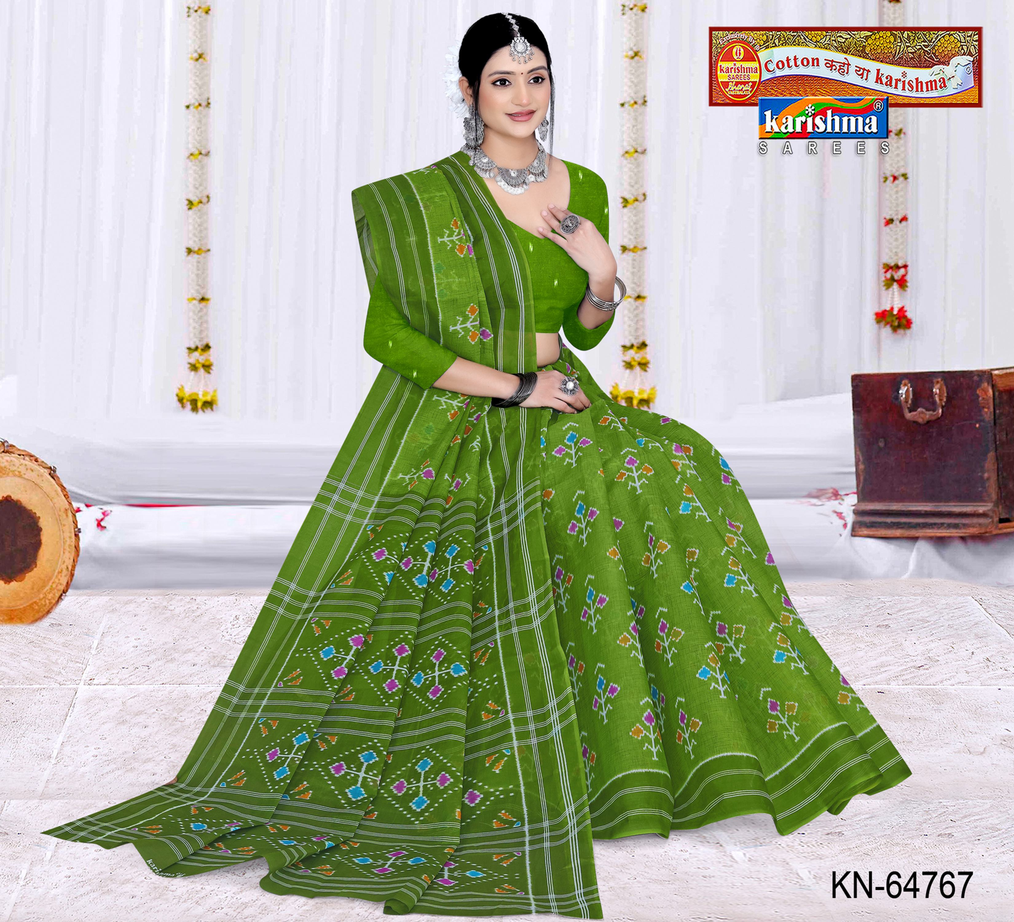 Olive Pure Cotton Mulmul (Stiff) Saree With Simple Ikat Print And Plain Border