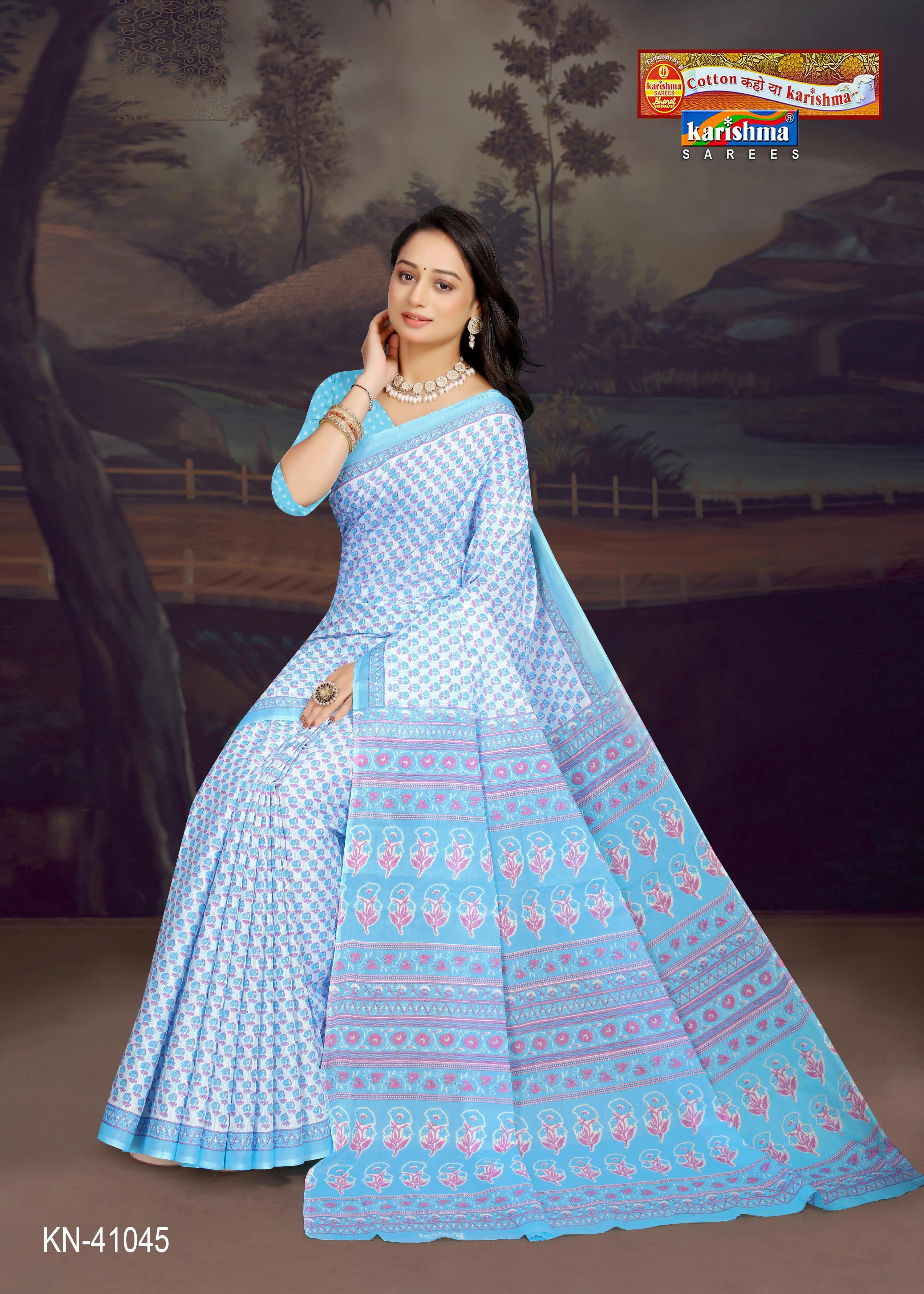 Blue White Butti Design Pattern Printed Soft Malai Cotton Everyday Wear Saree