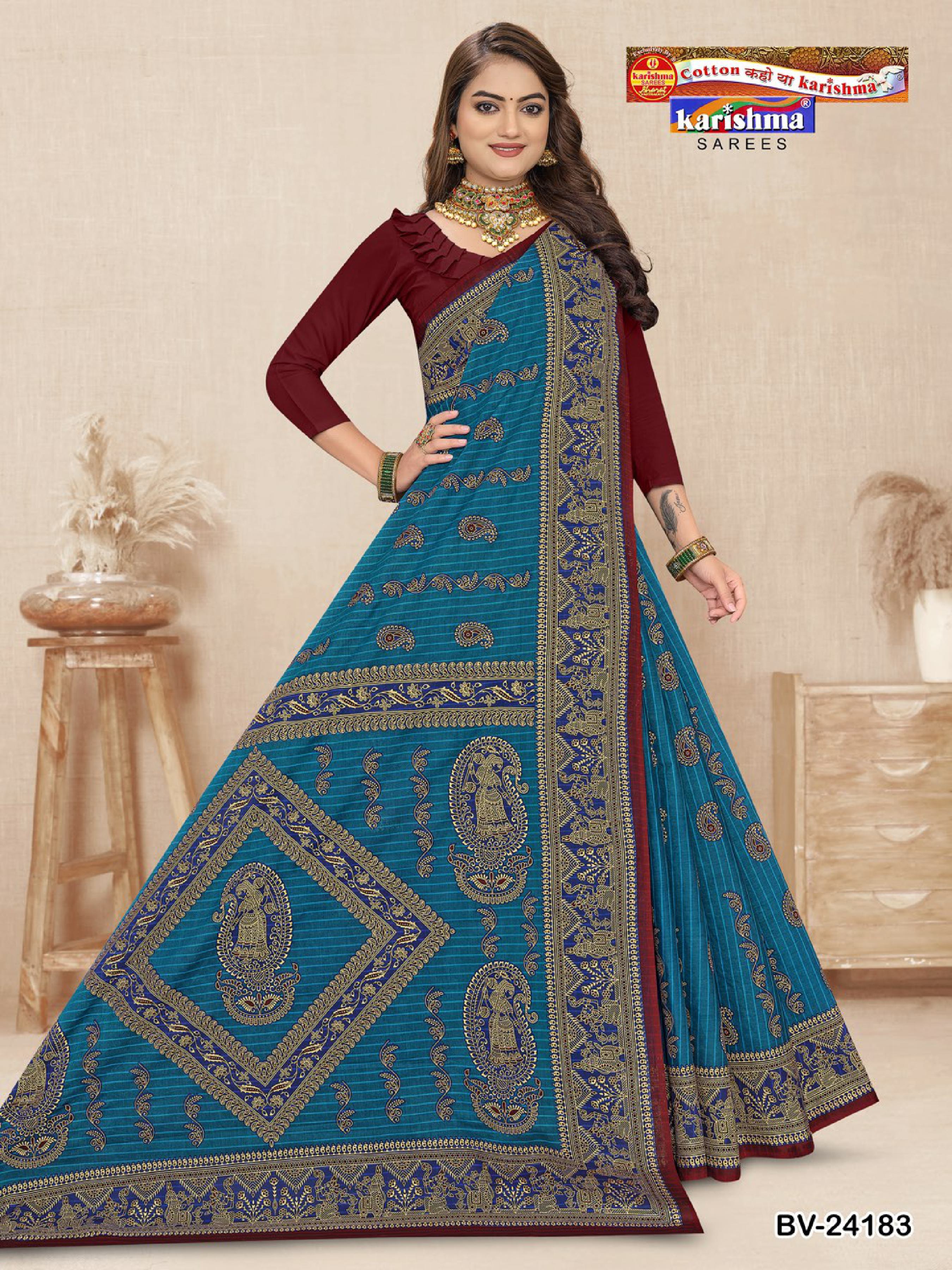Blue Pure Cotton Muslin (Soft) Saree With Traditional Figure Festive Design