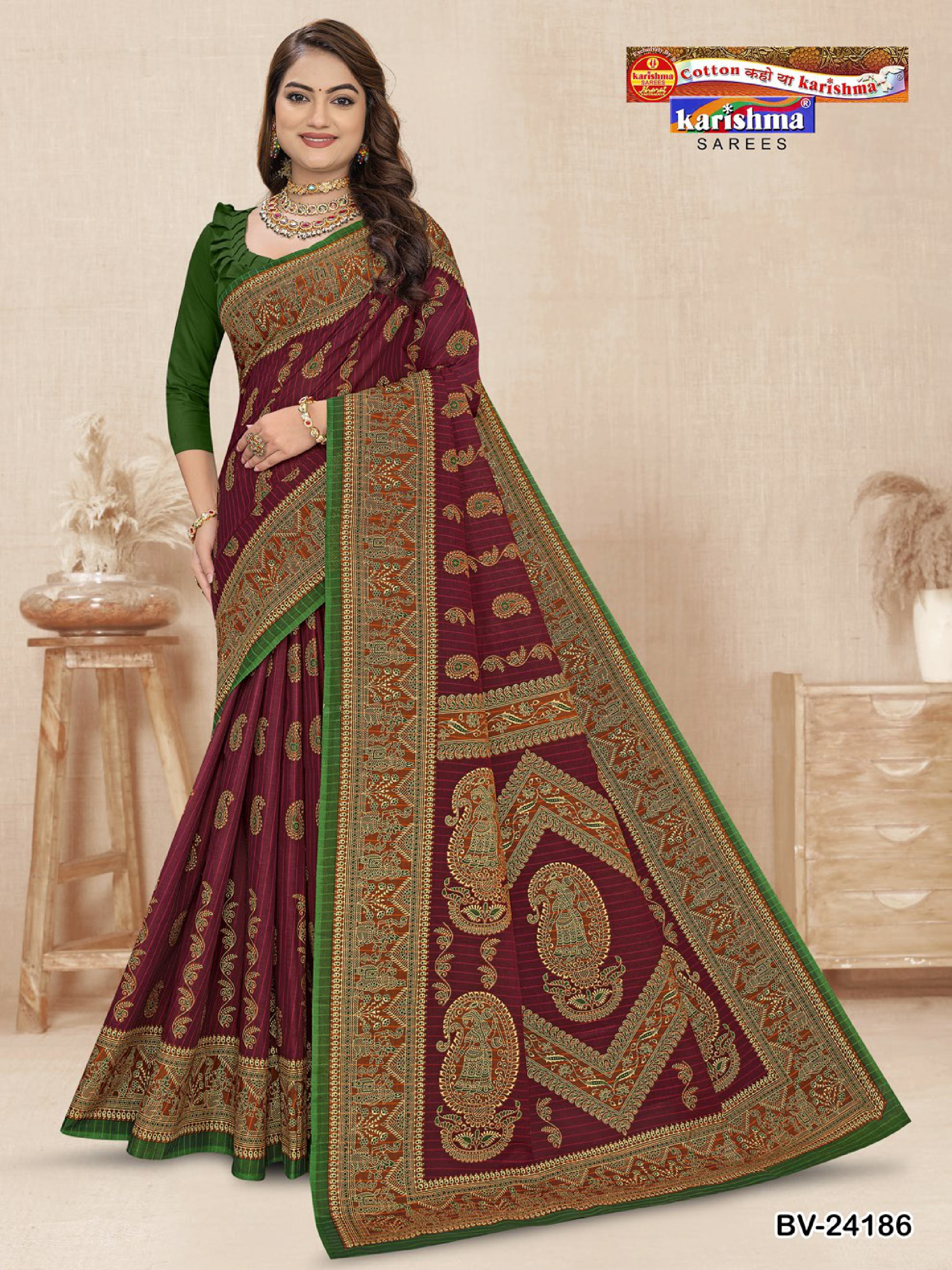 Maroon Pure Cotton Muslin (Soft) Saree With Traditional Figure Festive Design