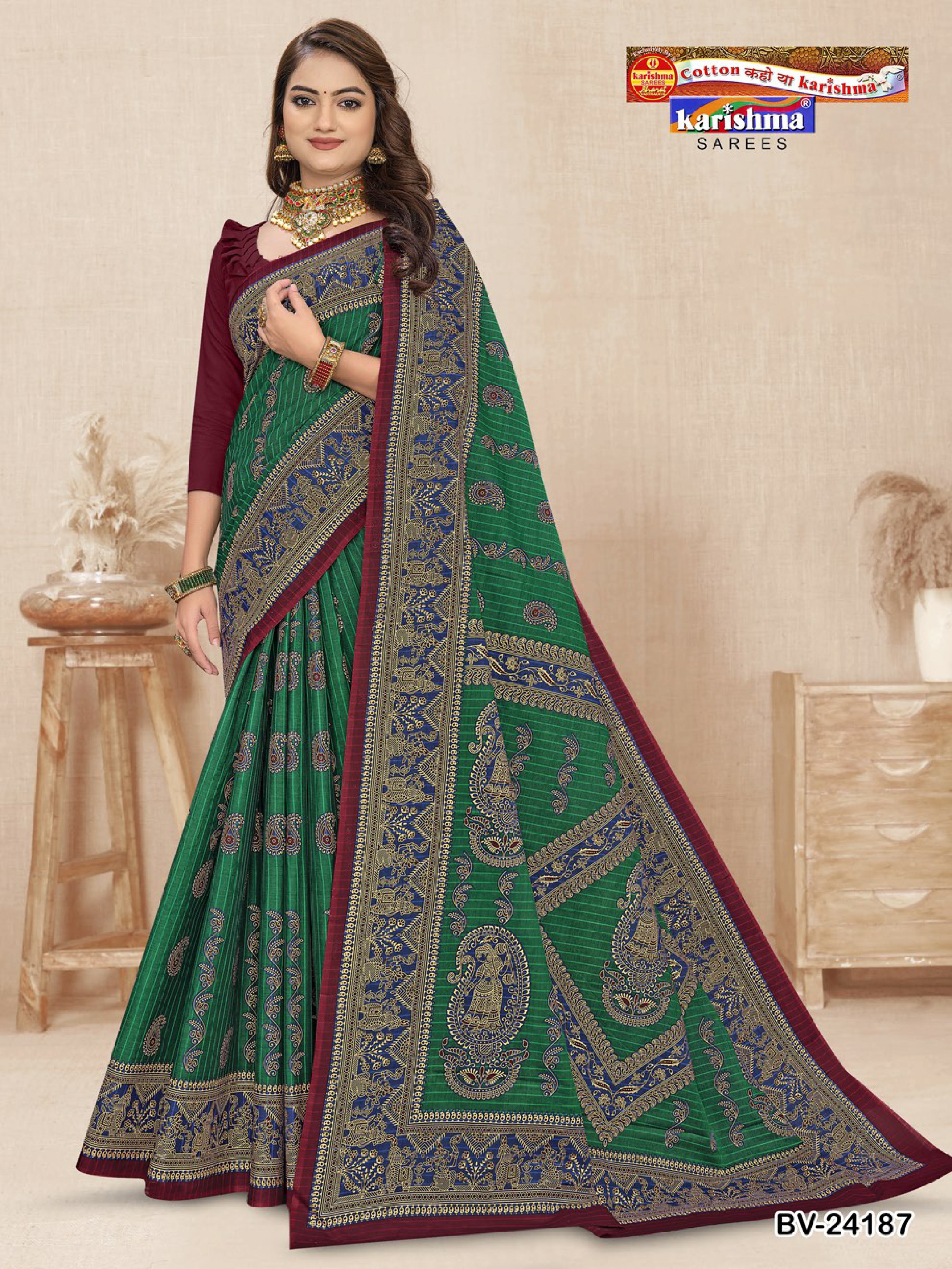 Green Pure Cotton Muslin (Soft) Saree With Traditional Figure Festive Design