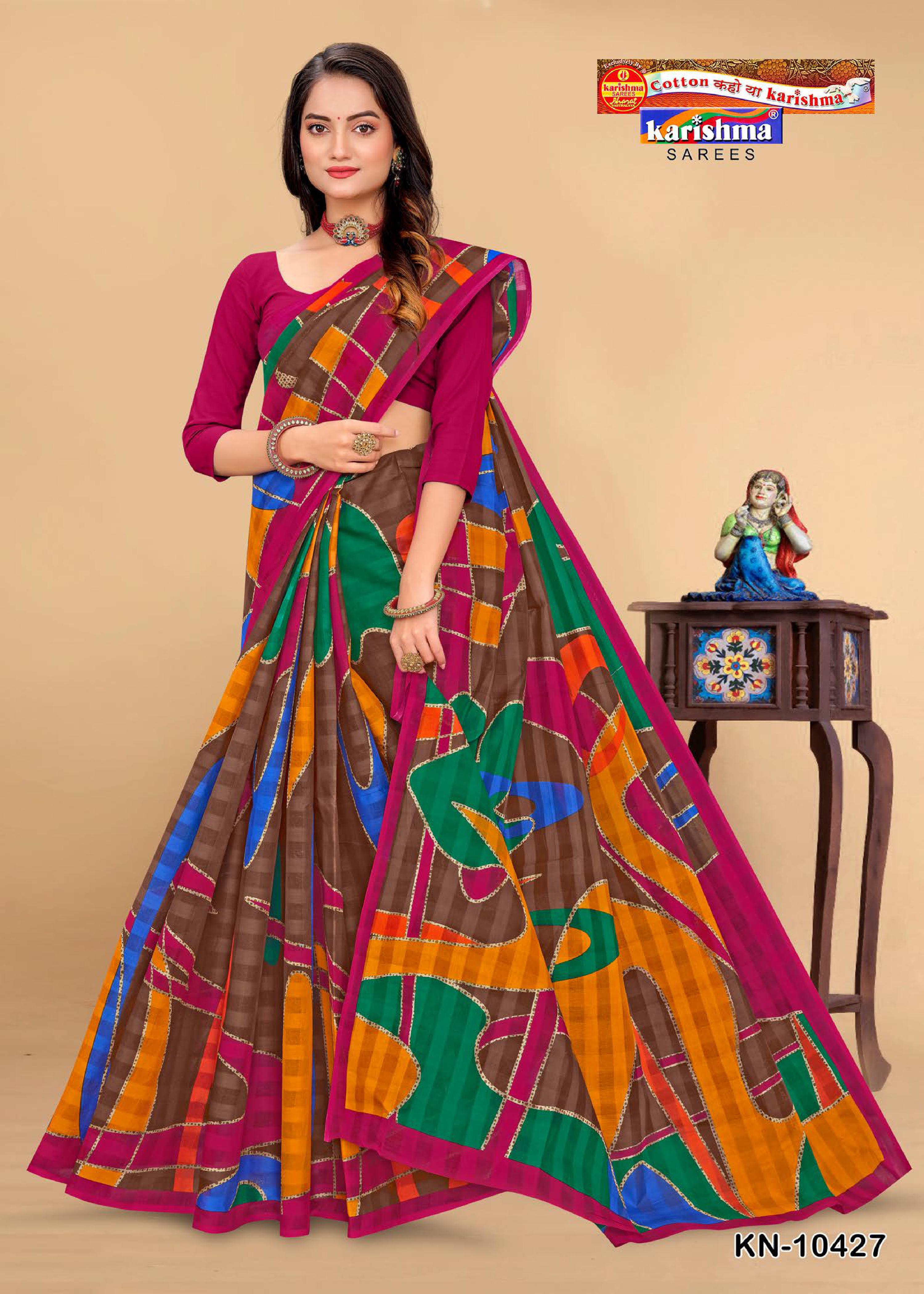 Brown Abstract Design Printed Party Wear Pure Mulmul Cotton Saree