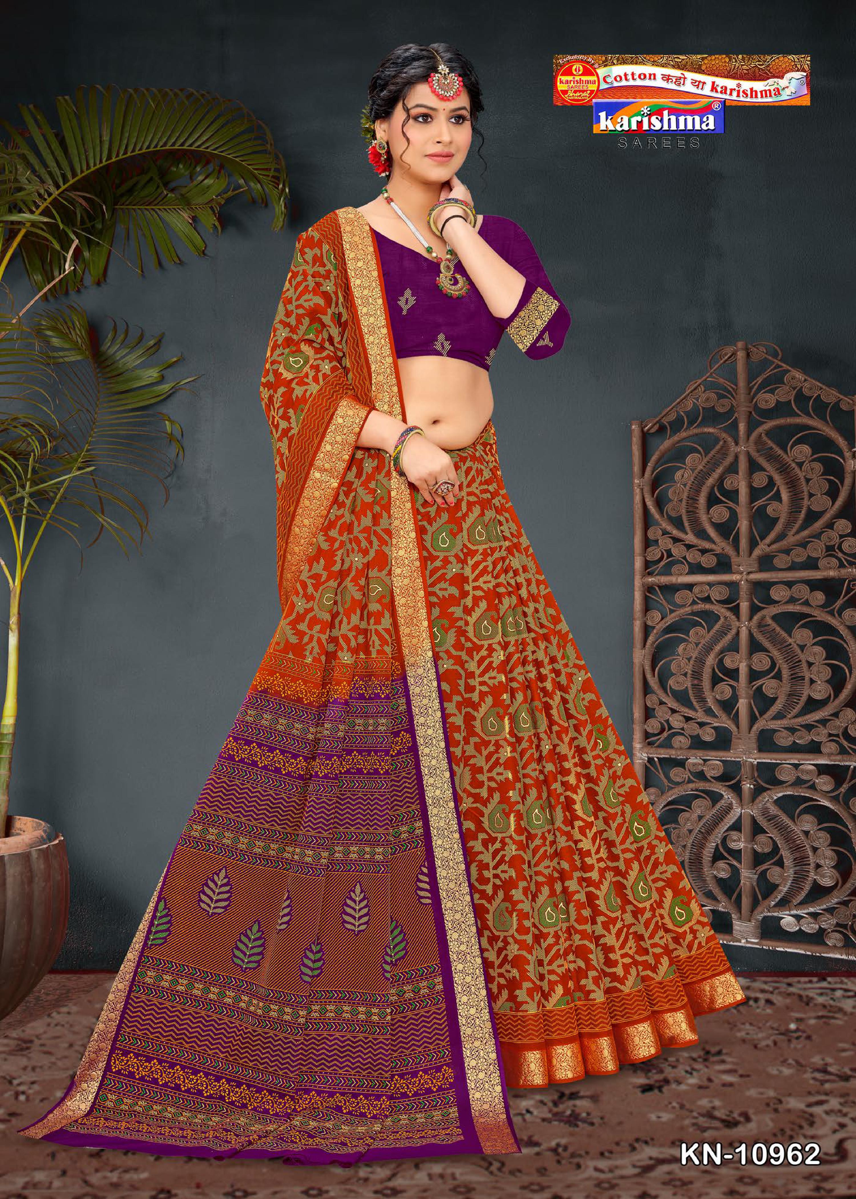 Orange Pure Cotoon Malai (Soft) Saree With Golden Border And Abstarct Design