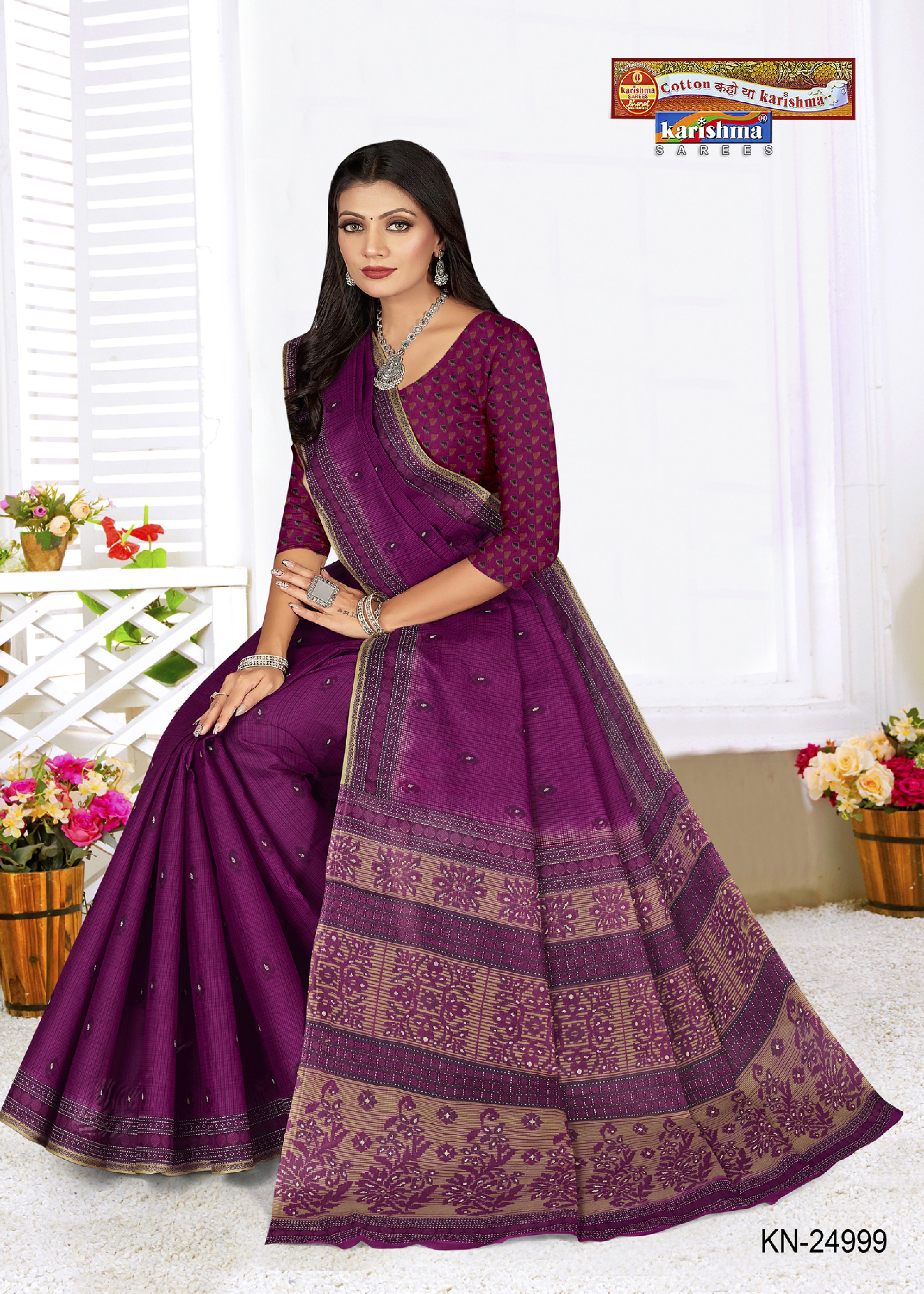 Purple Pure Cotton Mulmul (Stiff) Saree With Geomatiric MOtif Desigen