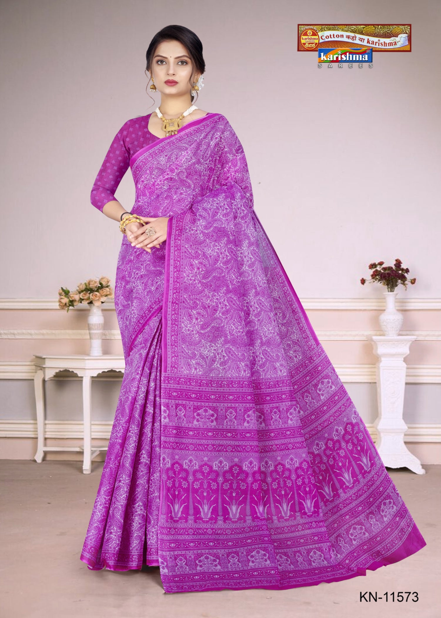 Purple Everyday Wear Paisley Design Printed Pure Cotton Saree