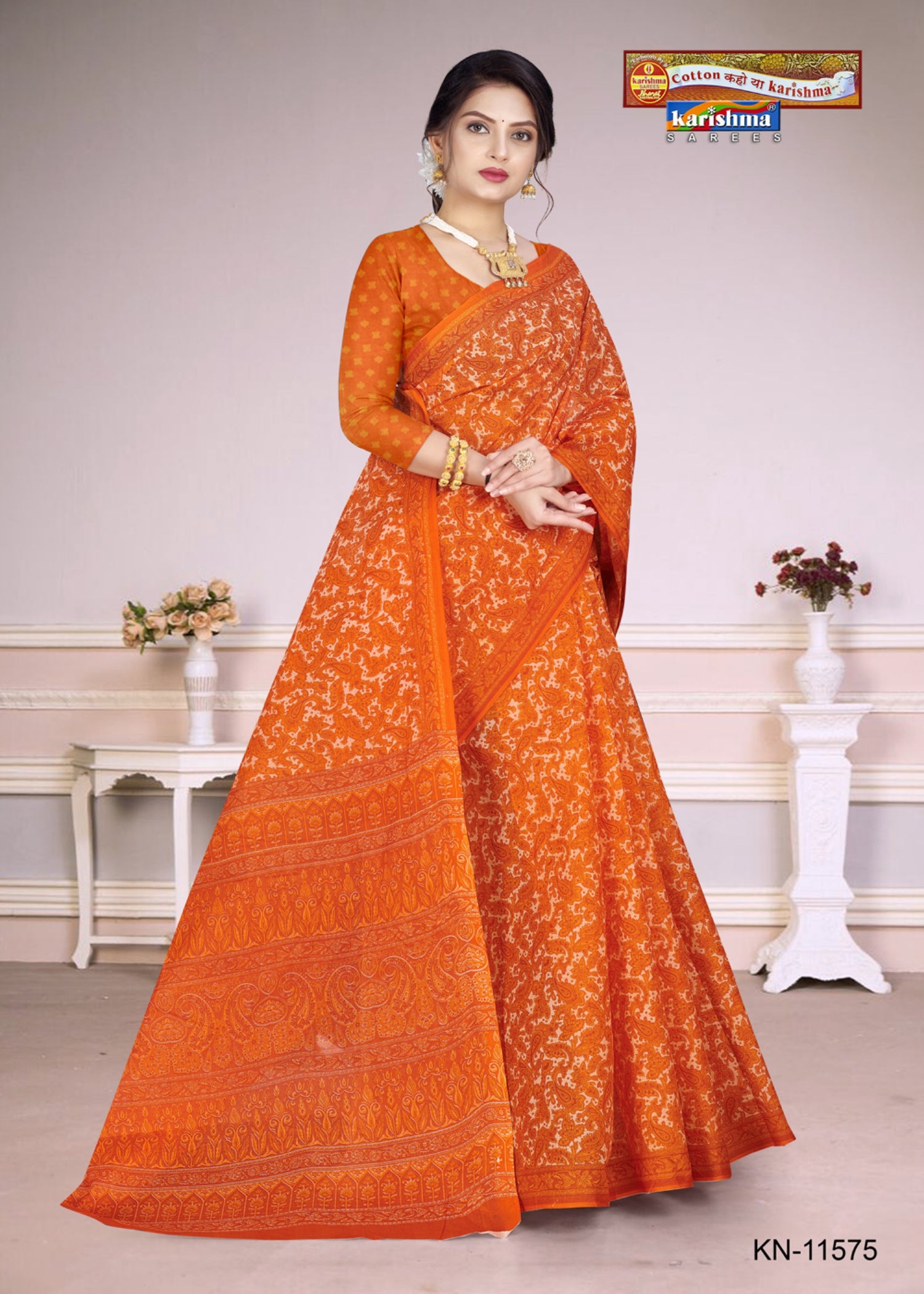 Orange Everyday Wear Paisley Design Printed Pure Cotton Saree