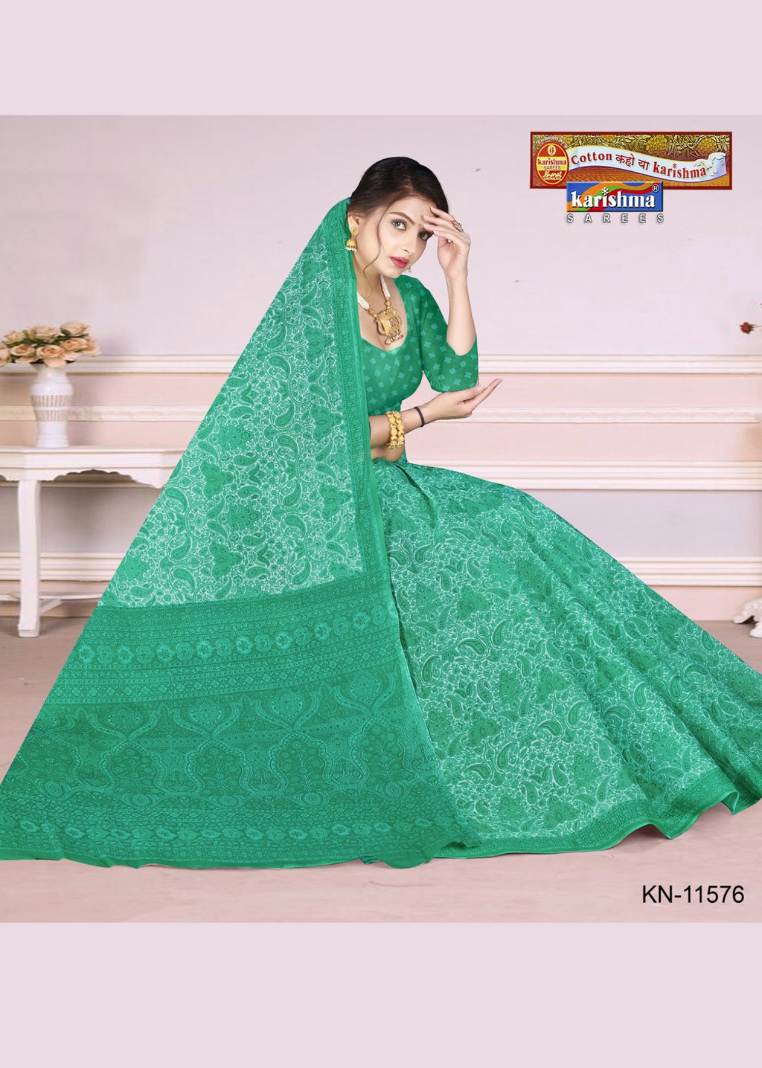 Green Everyday Wear Paisley Design Printed Pure Cotton Saree