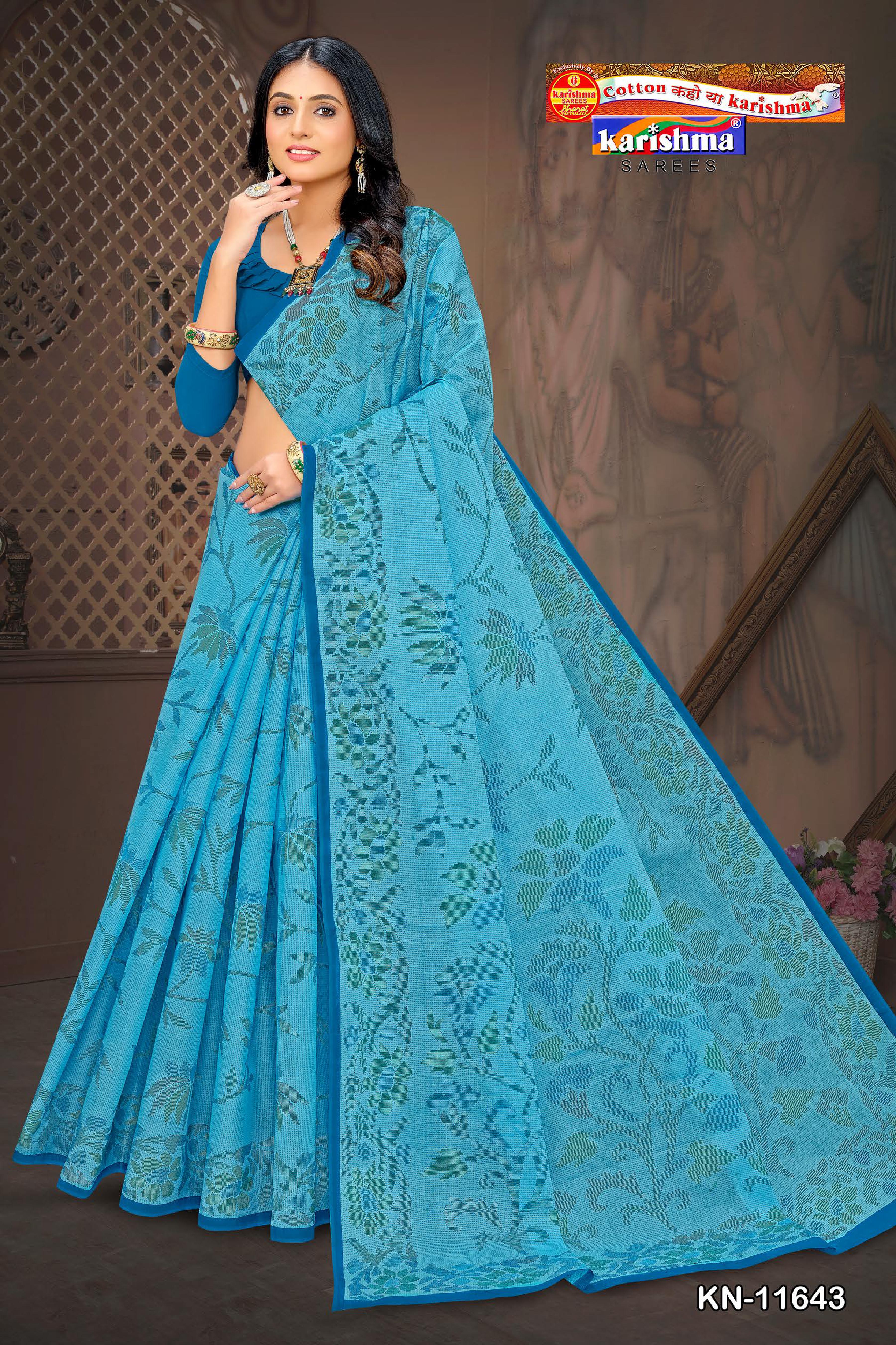 Blue Leaf Design Printed Everyday Office Wear Pure Soft Mulmul Cotton Saree