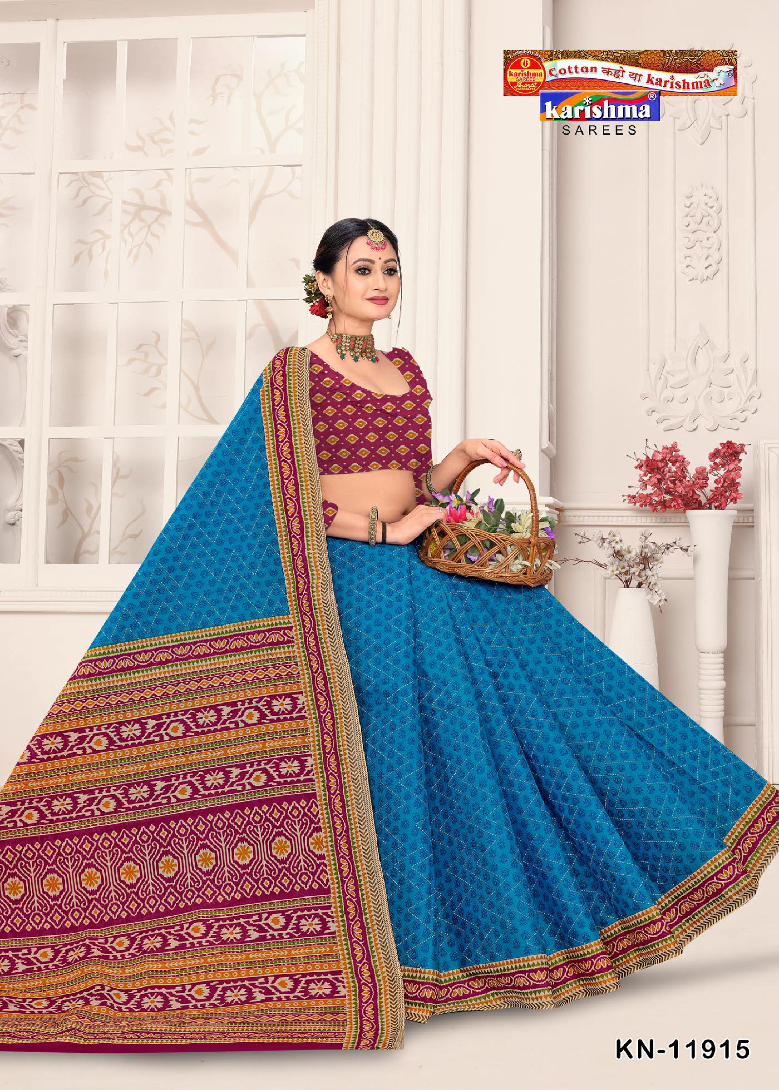 Blue Traditional Motif Design Printed Everyday Work Wear Pure Cotton Saree