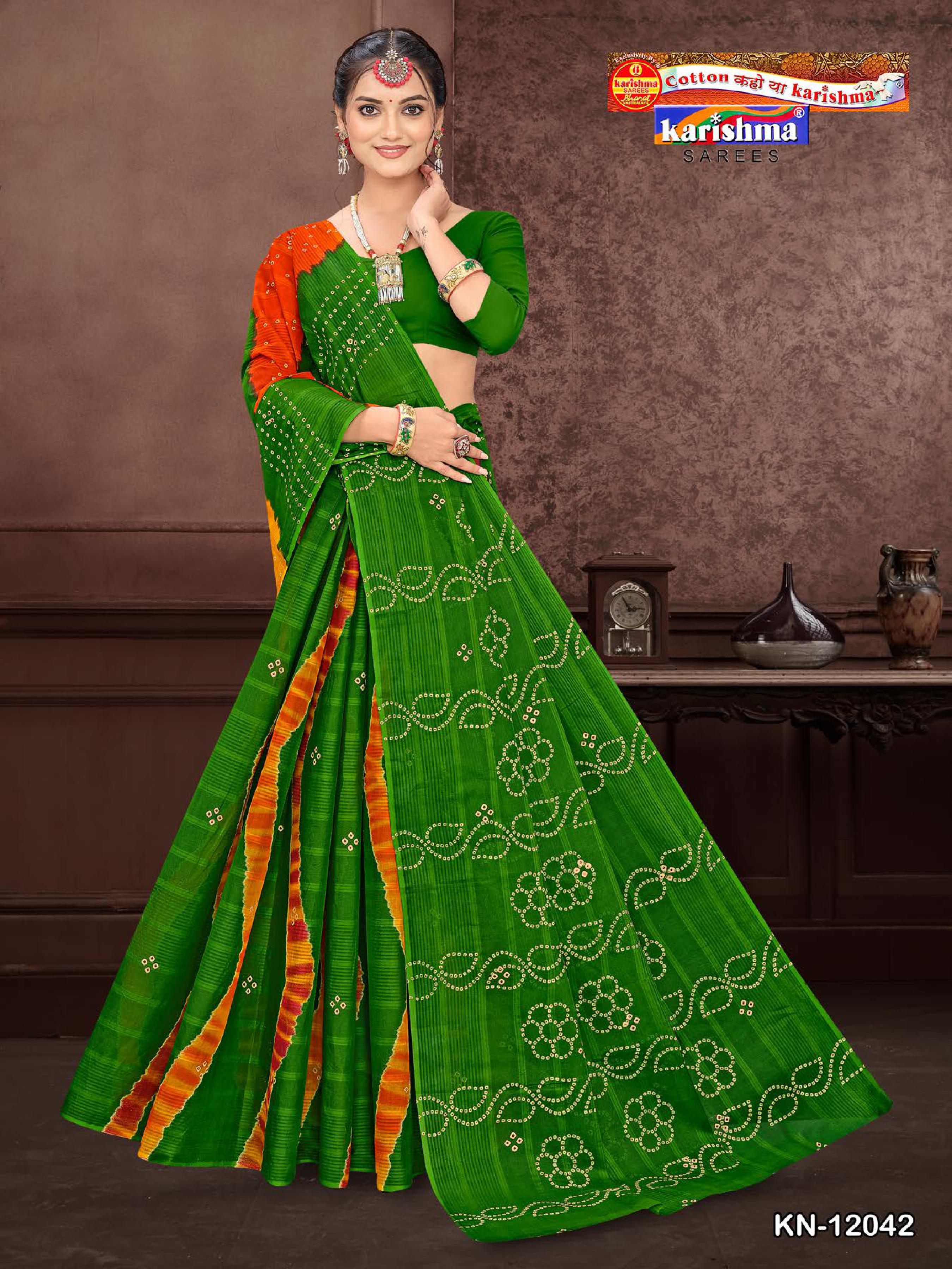 Green Bandhani Leheriya Design Colourful Printed Mulmul Pure Cotton Saree