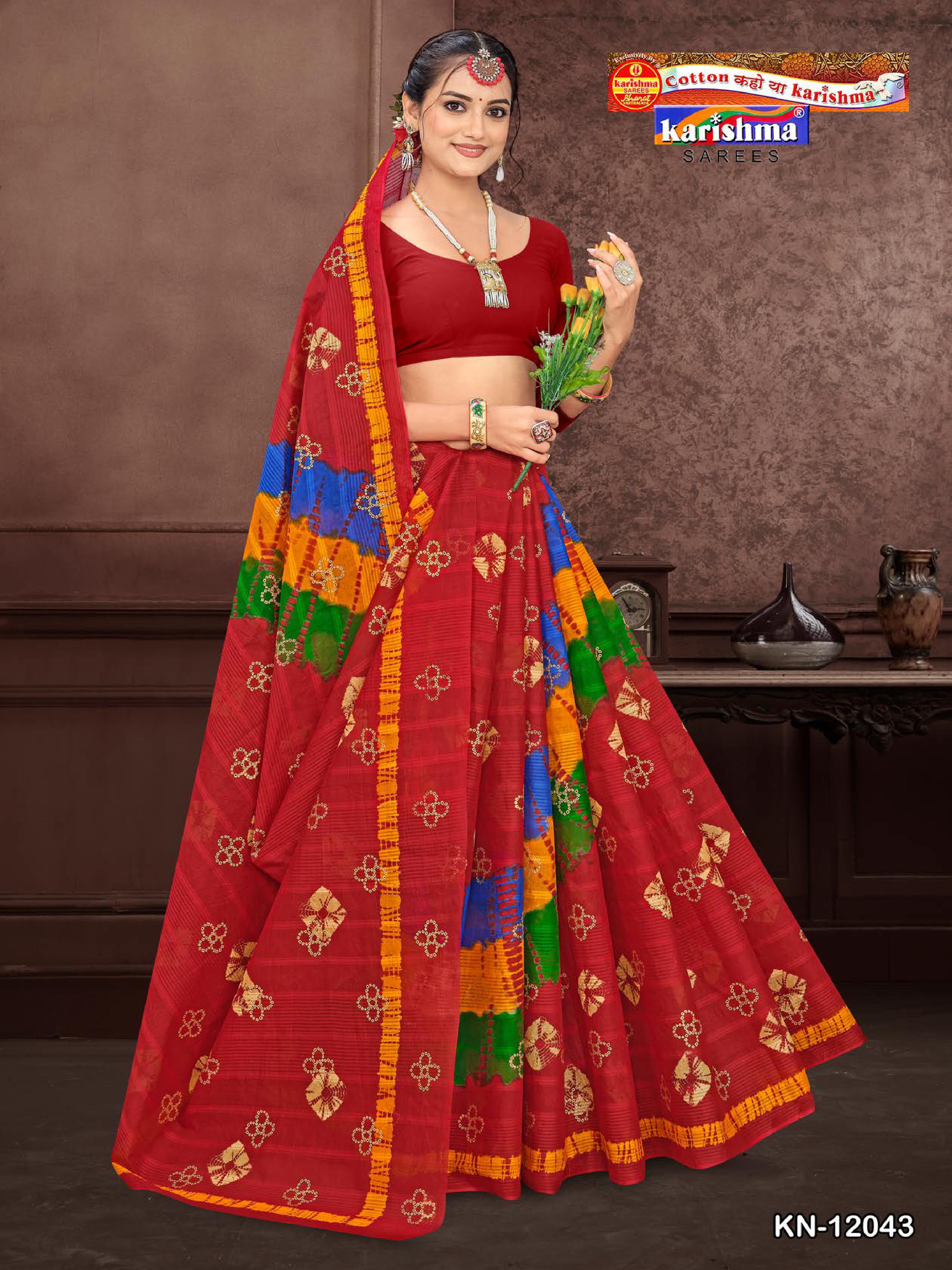 Red Bandhani Leheriya Design Colourful Printed Mulmul Pure Cotton Saree