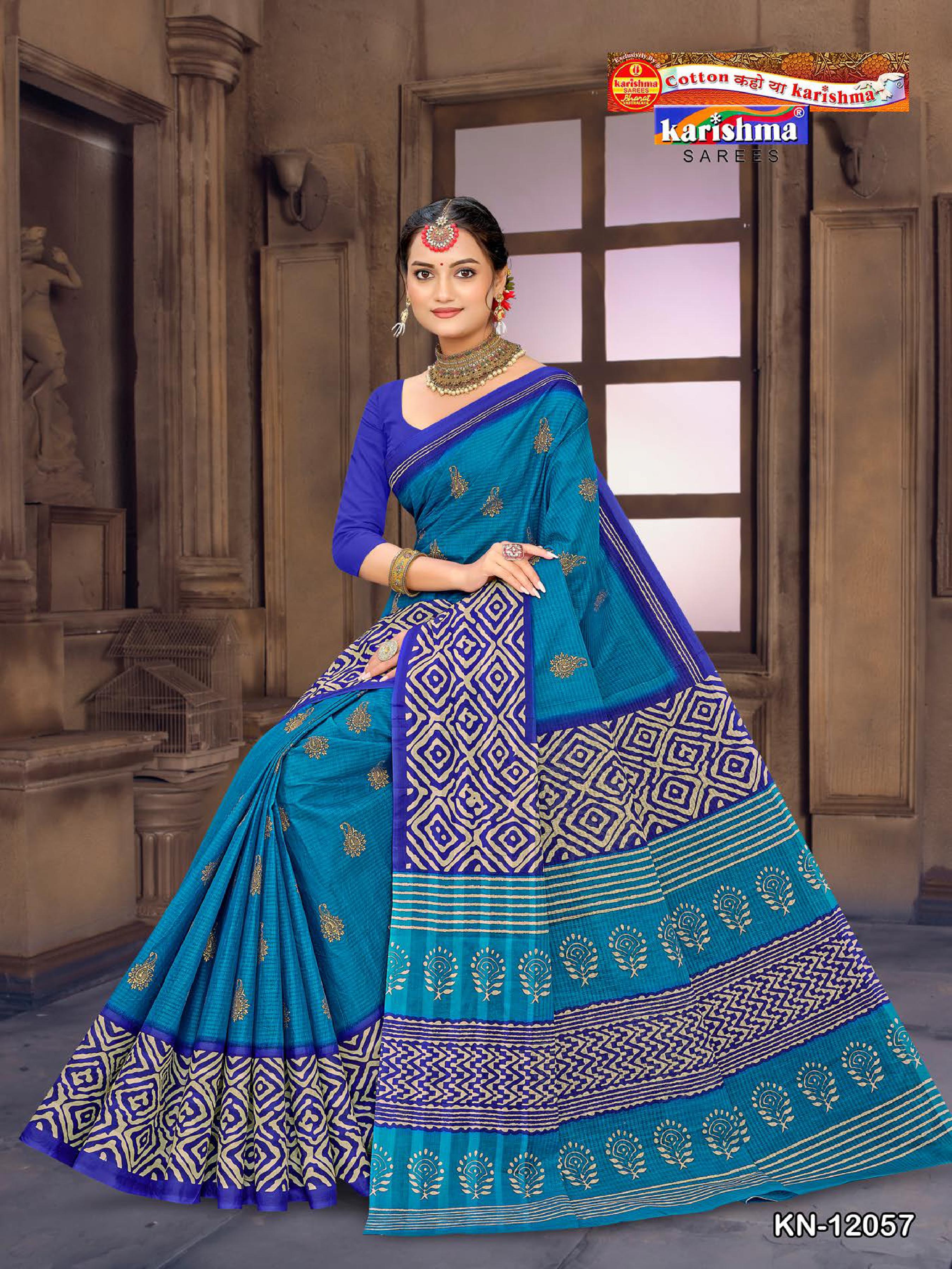 Blue Ethnic Design Gold Festive Butti Border Printed Pure Mulmul Cotton Saree