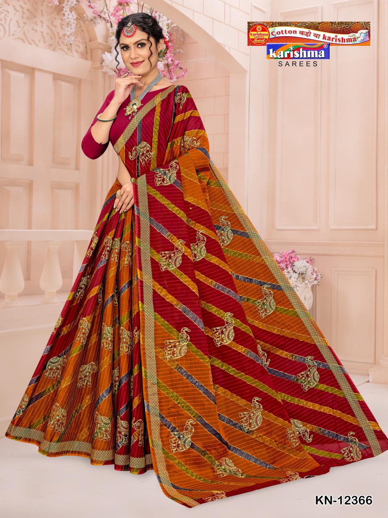 Pink Pure Cotton Muslin (Soft) Saree With Traditonal Leheriya Style With Elephant Design