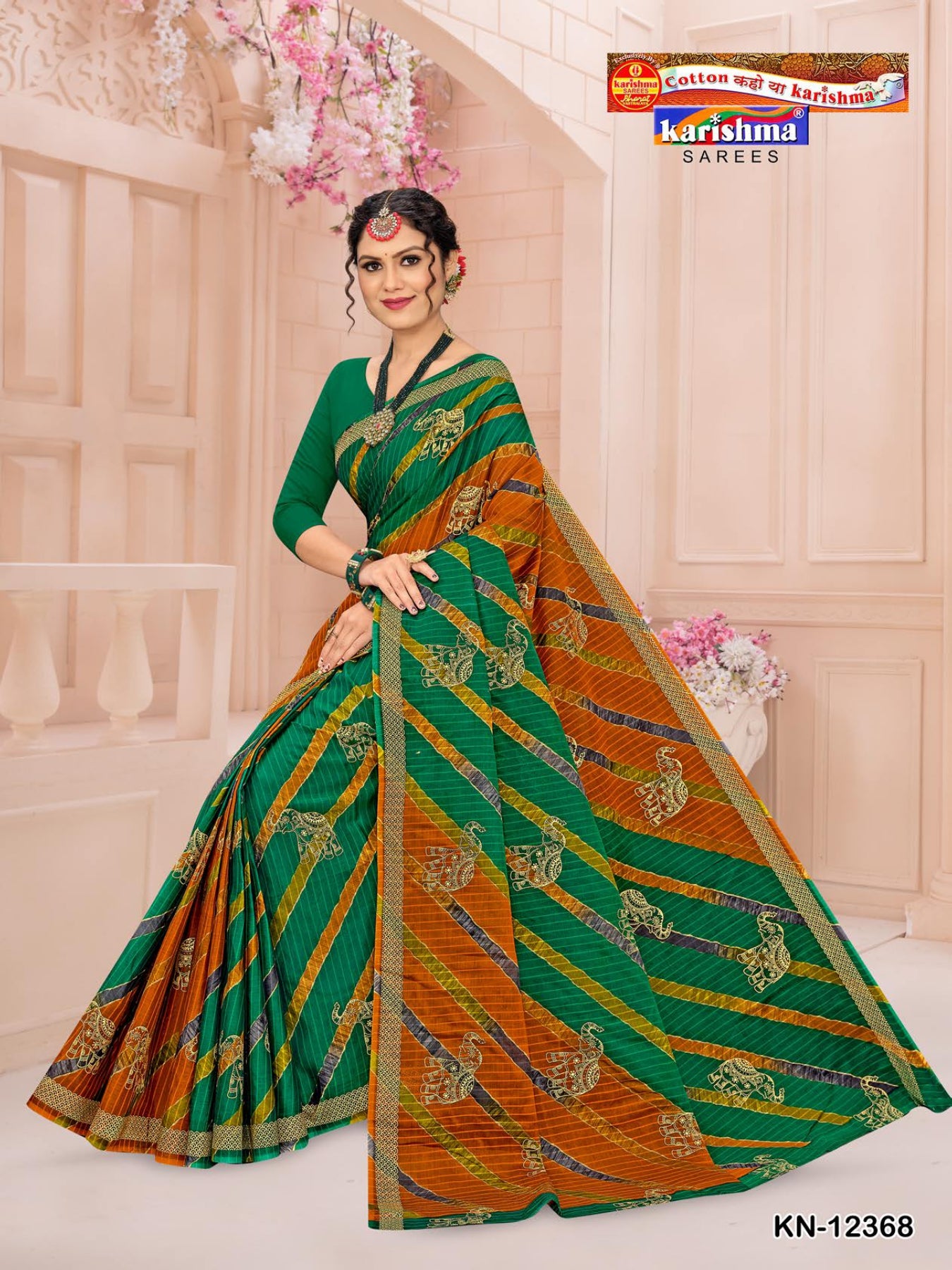 Green Pure Cotton Muslin (Soft) Saree With Traditonal Leheriya Style With Elephant Design