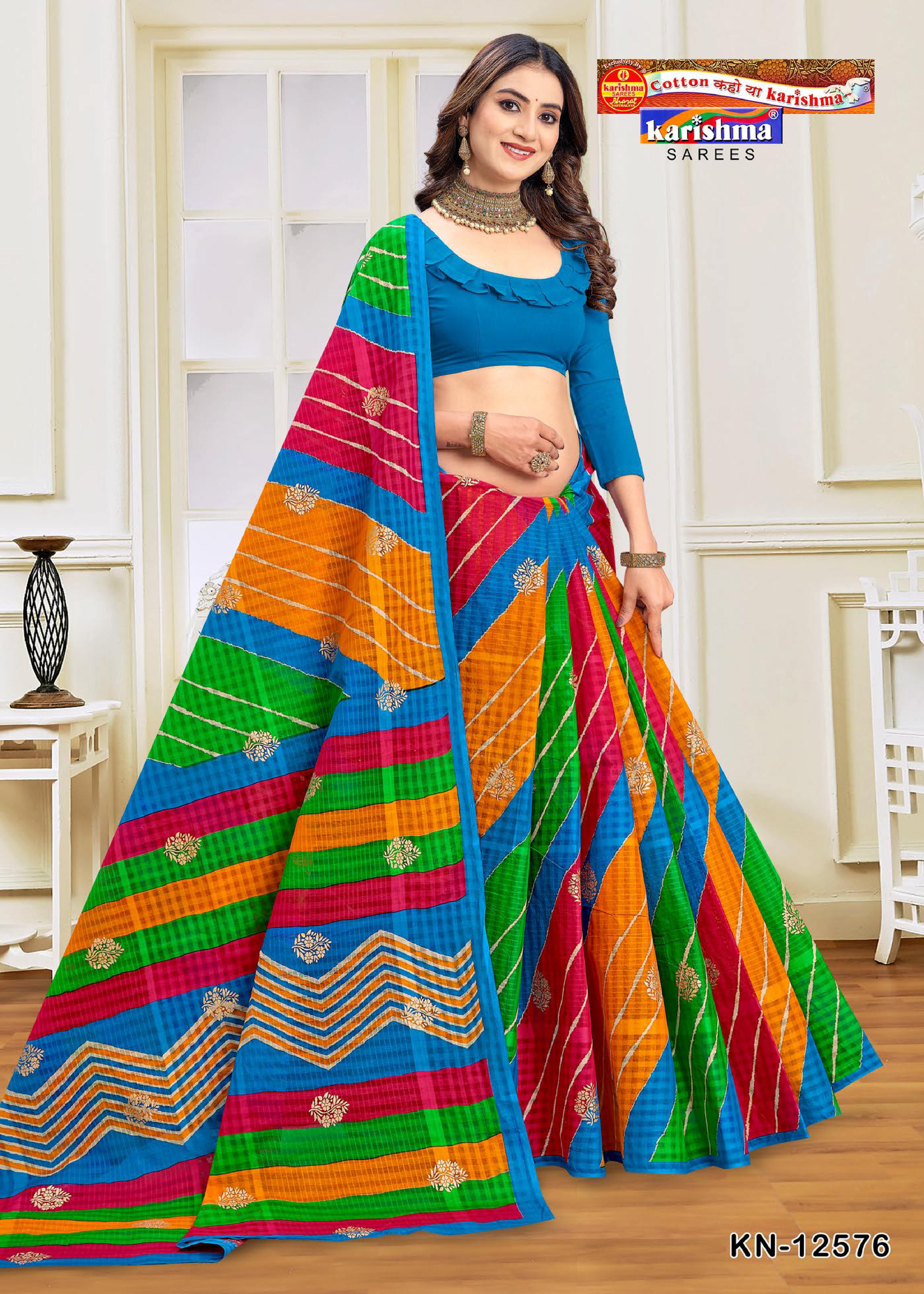 Blue Colourful Leheriya Design Printed Festive Pure Cotton Saree