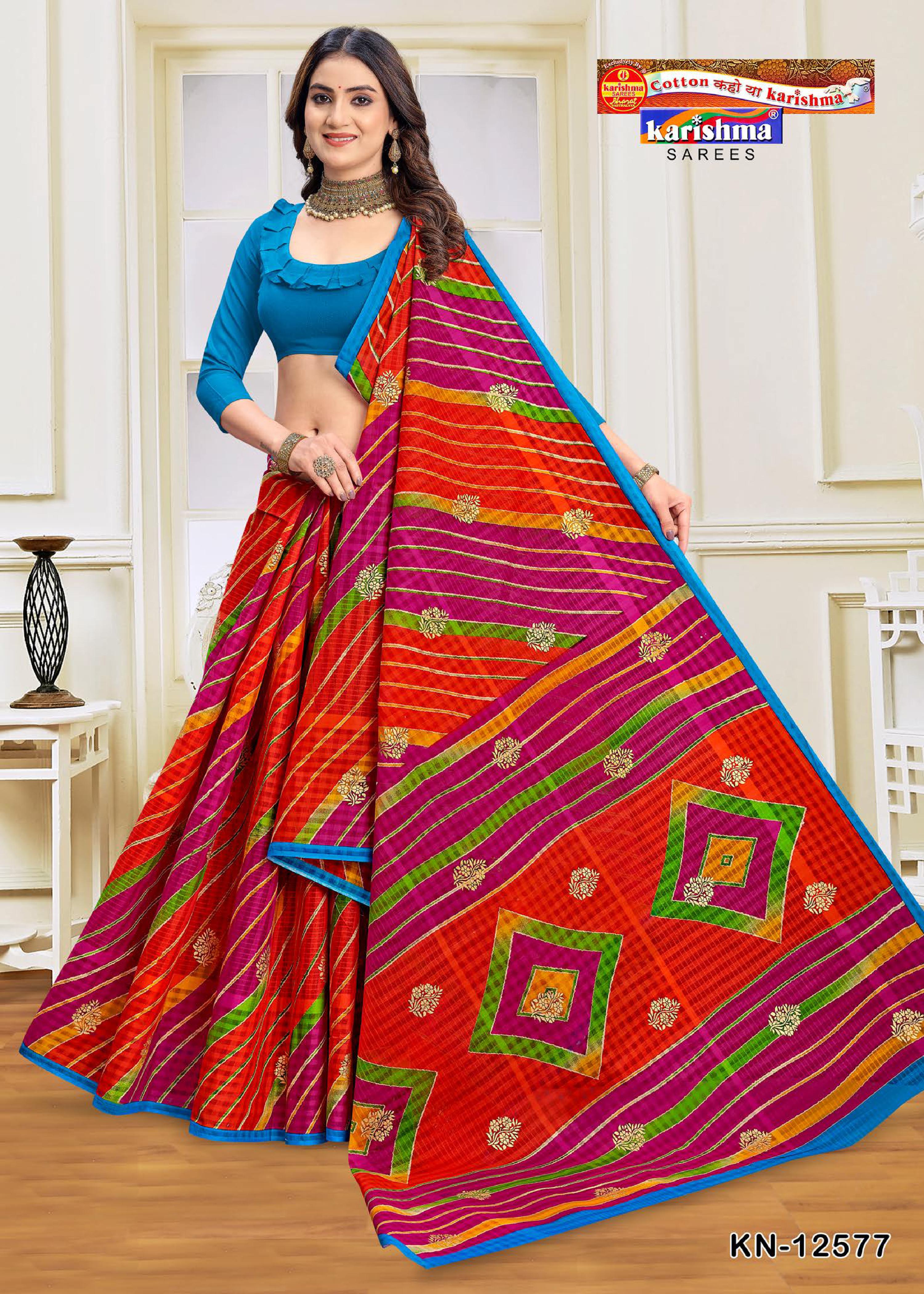 Orange Colourful Leheriya Design Printed Festive Pure Cotton Saree