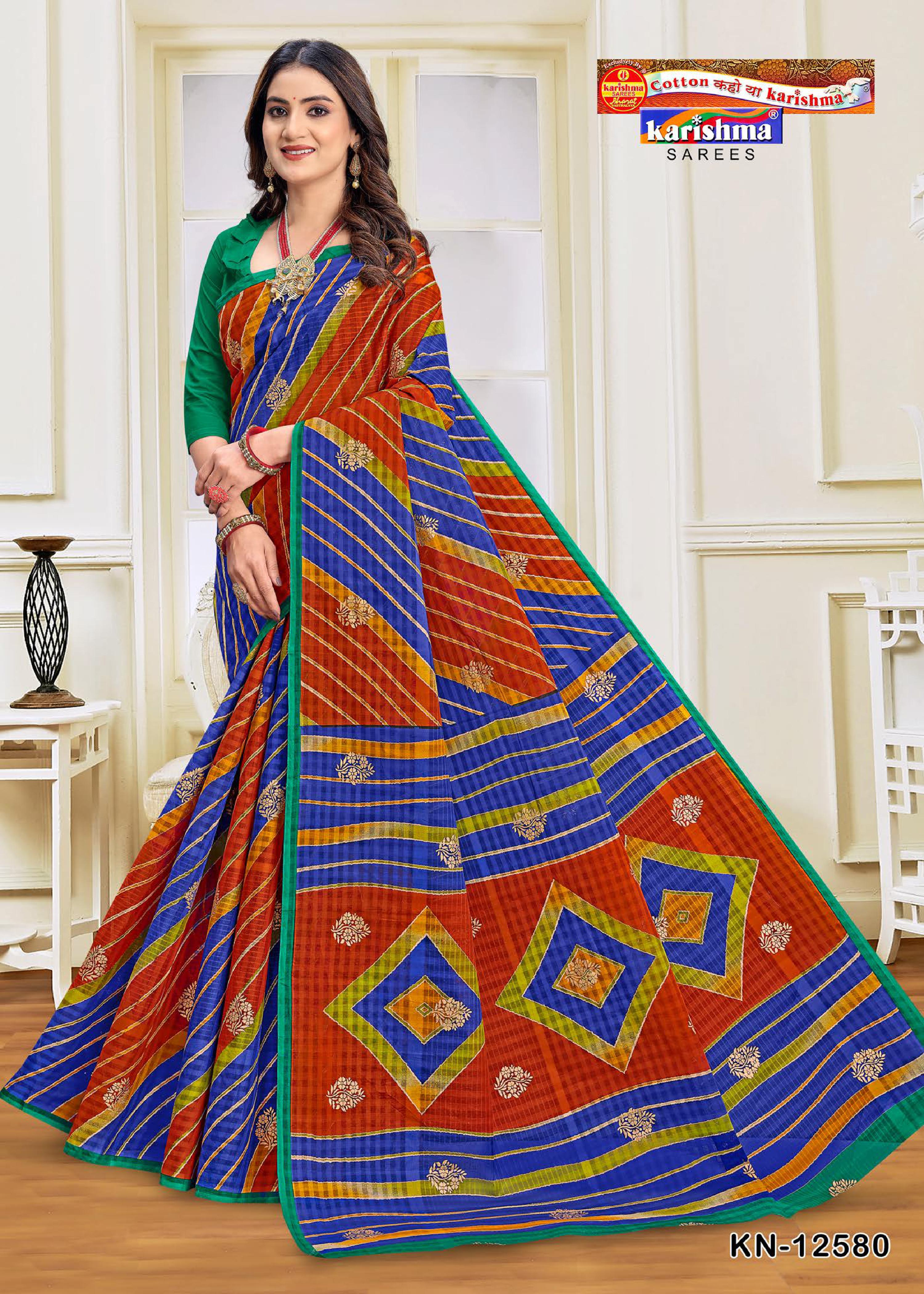 Navy Colourful Leheriya Design Printed Festive Pure Cotton Saree