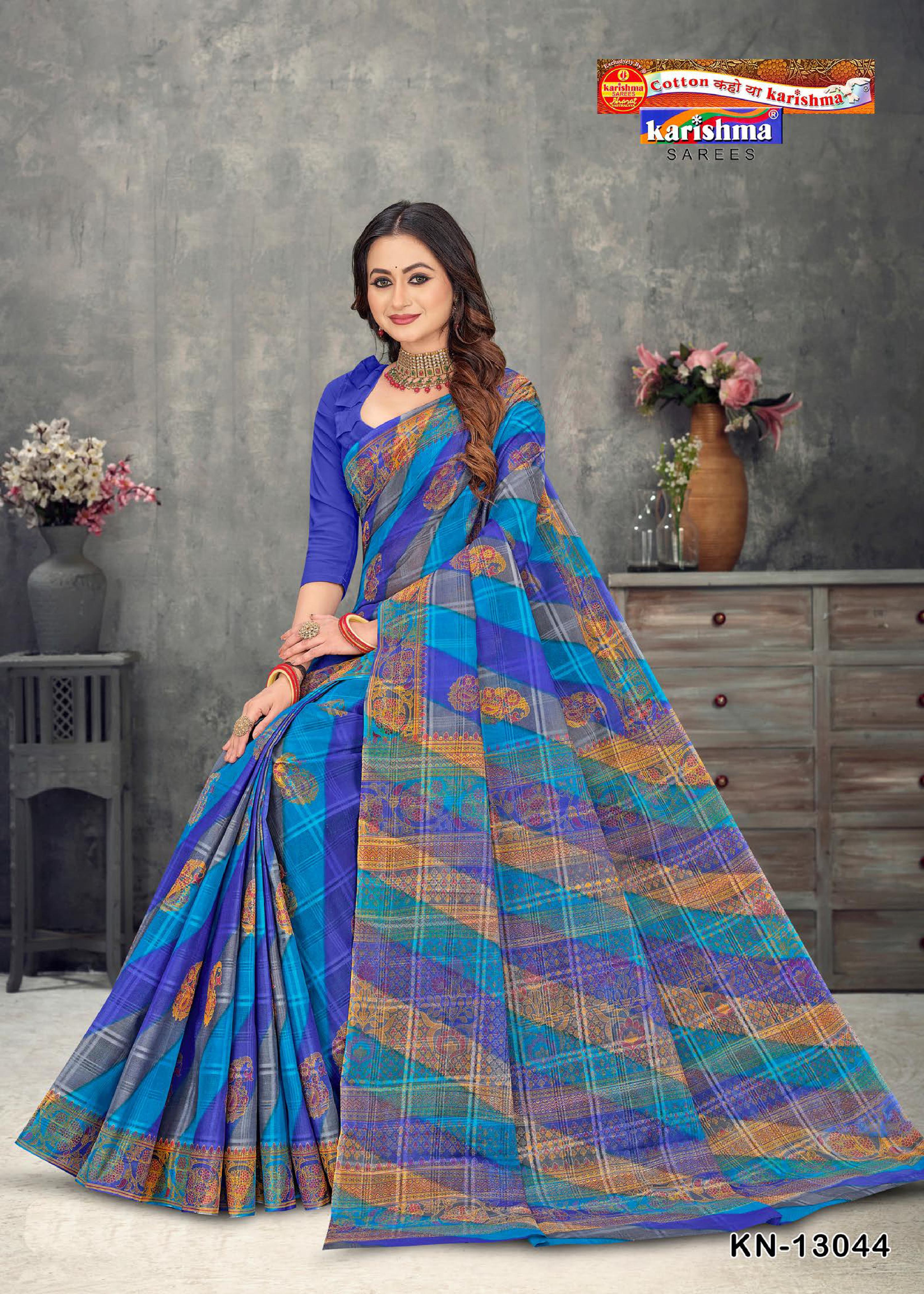 Navy Traditional Bengali Tant Style Printed Pure Cotton Saree