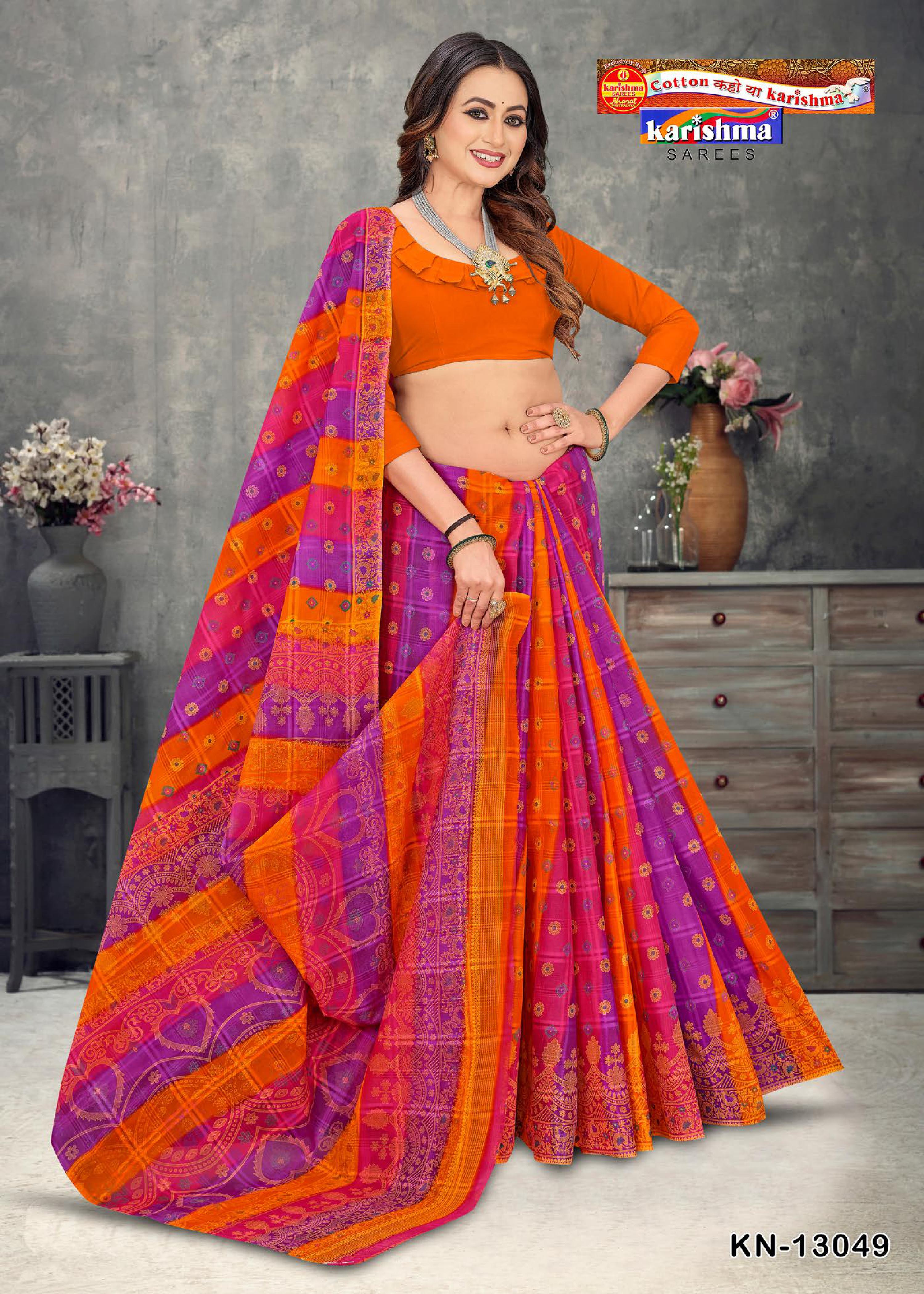 Orange Traditional Bengali Tant Style Printed Pure Cotton Saree