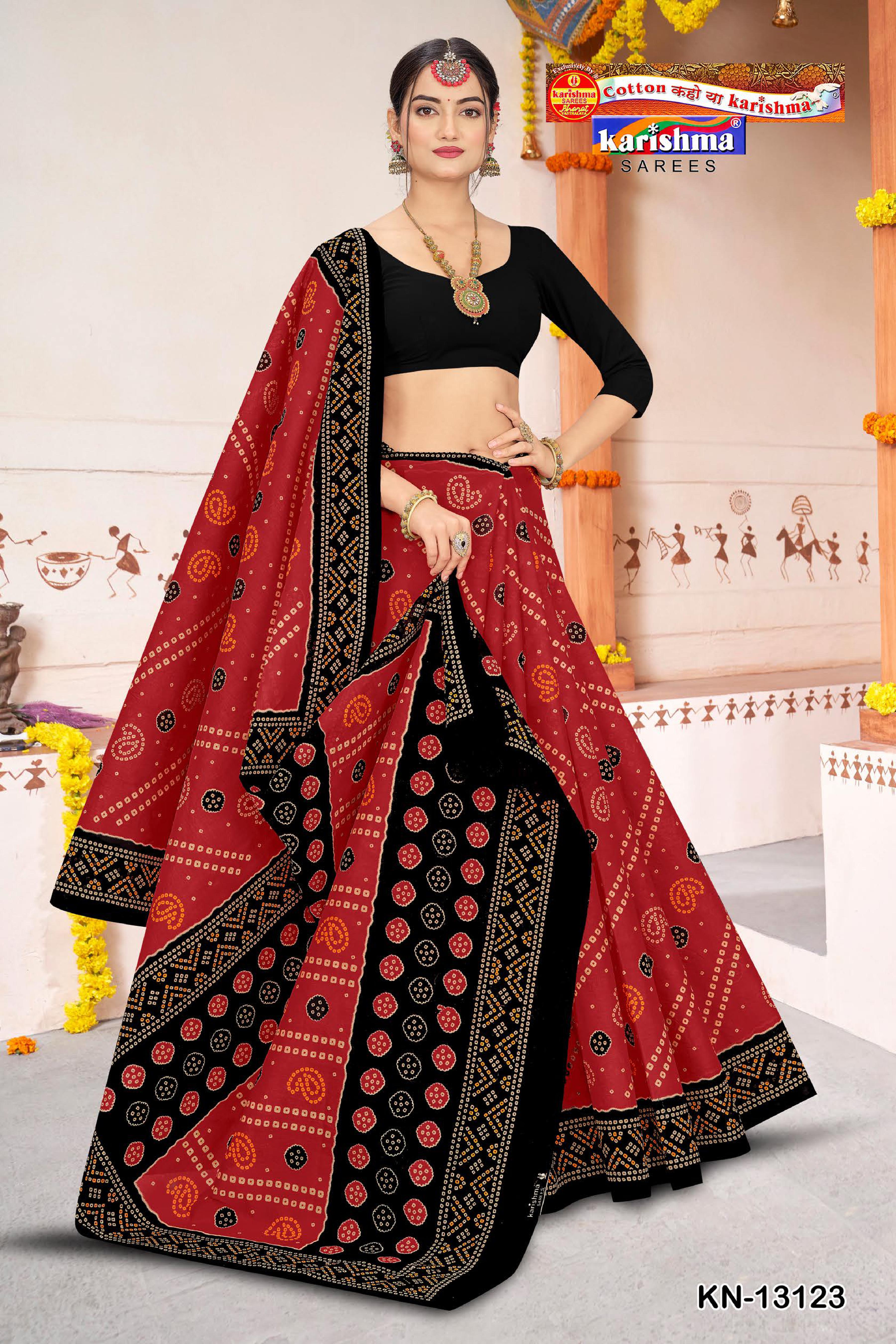 Red Traditional Bandhani Design Printed Pure Cotton Saree