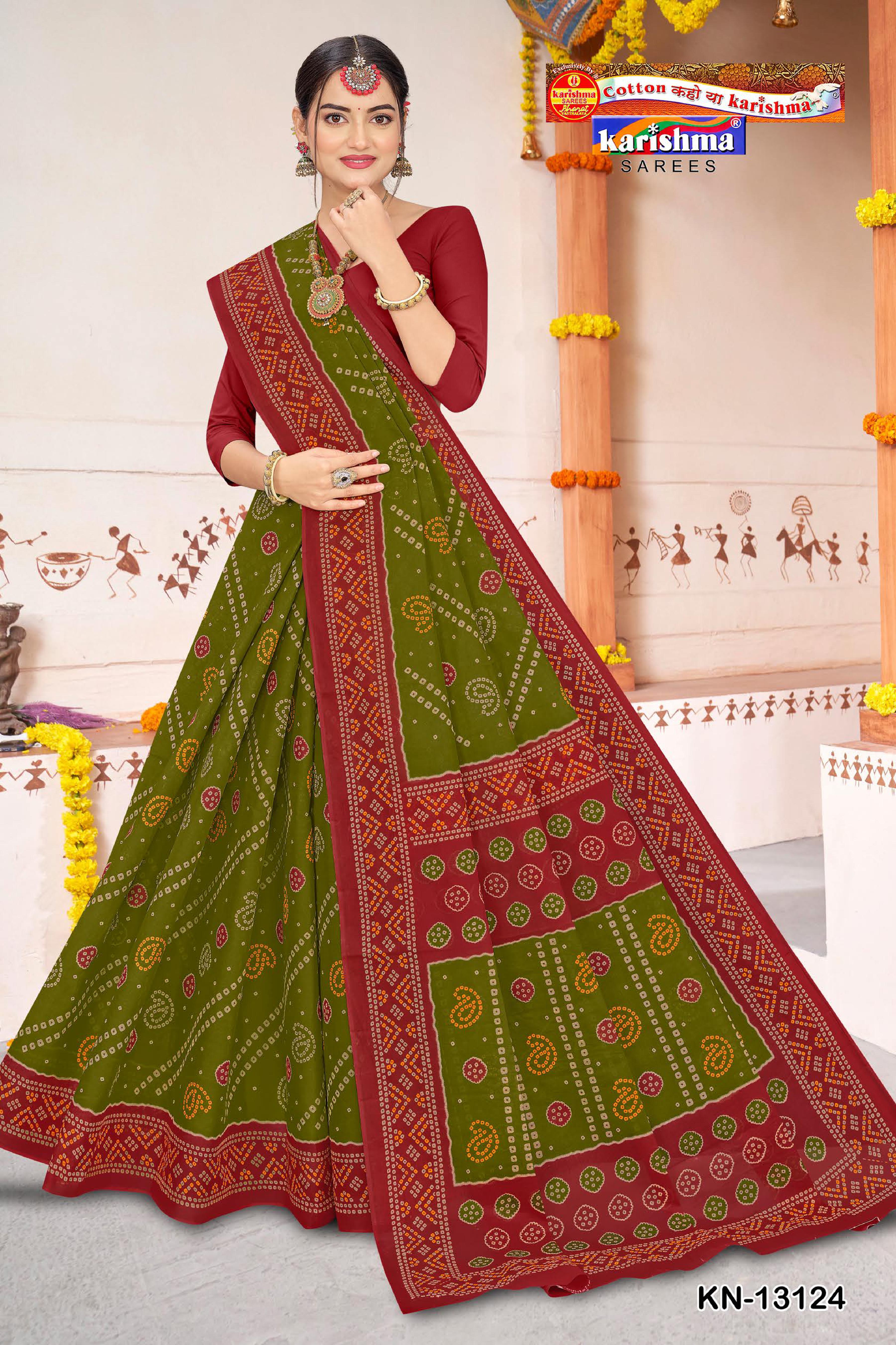 Olive Traditional Bandhani Design Printed Pure Cotton Saree