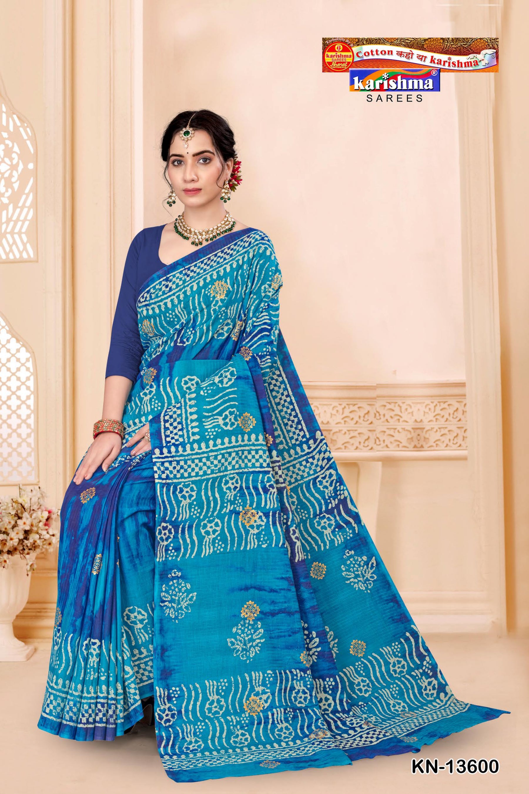 Blue Traditional Marble Festive Design Printed Pure Cotton Saree