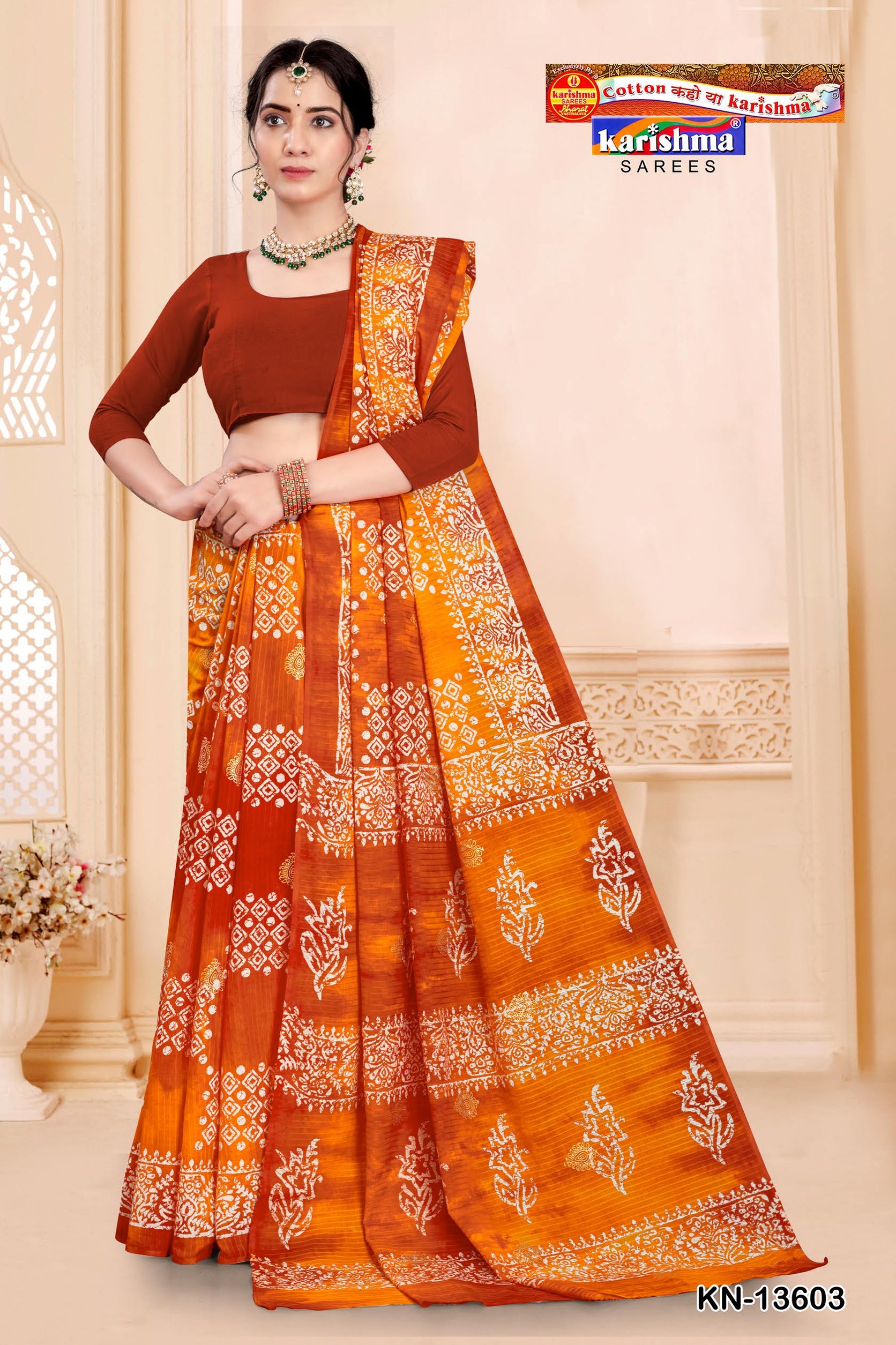 Orange Traditional Marble Festive Design Printed Pure Cotton Saree