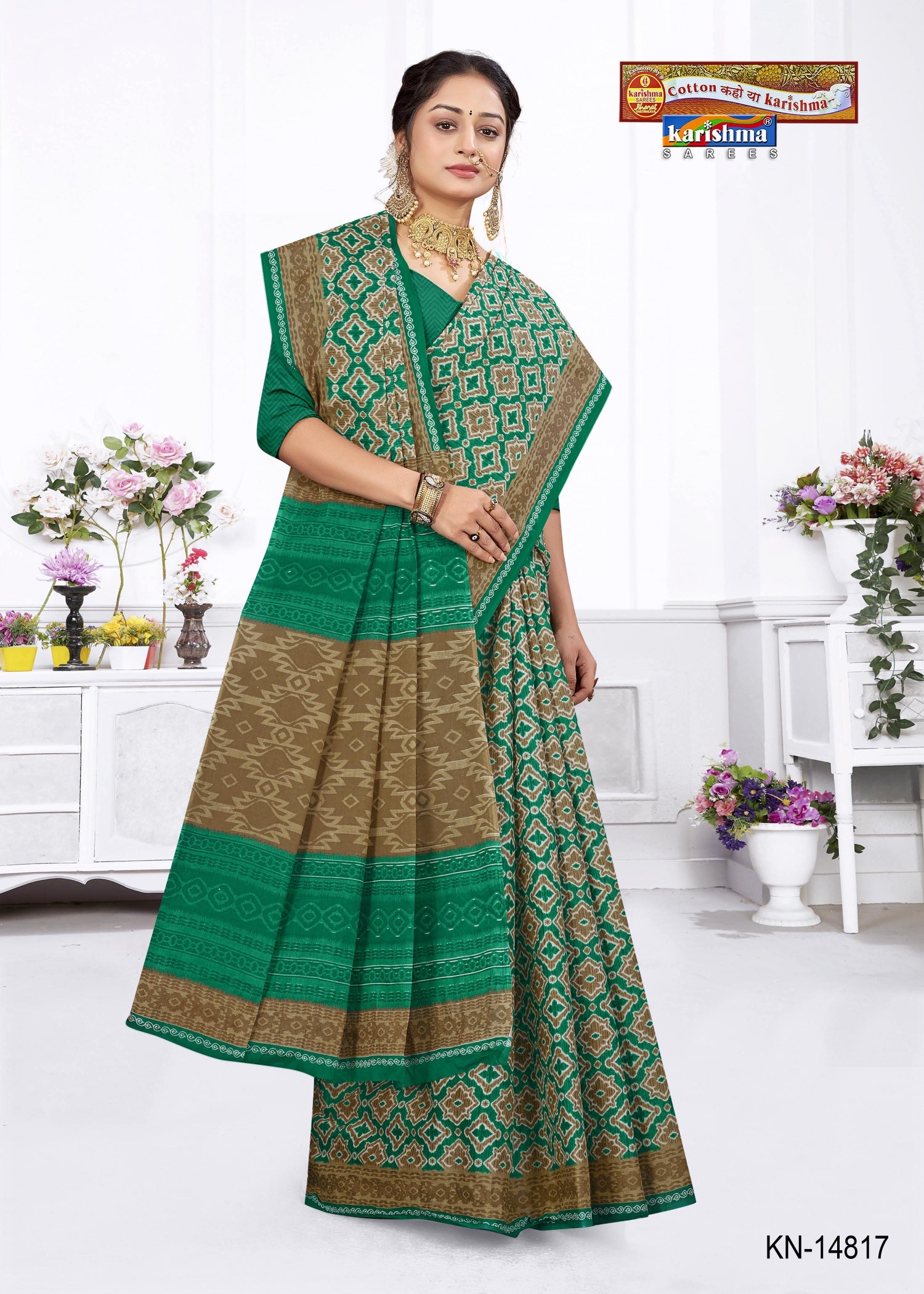 Green Pure Cotton (Medium Soft Mulmul) Saree With Vibrant Ikat Print
