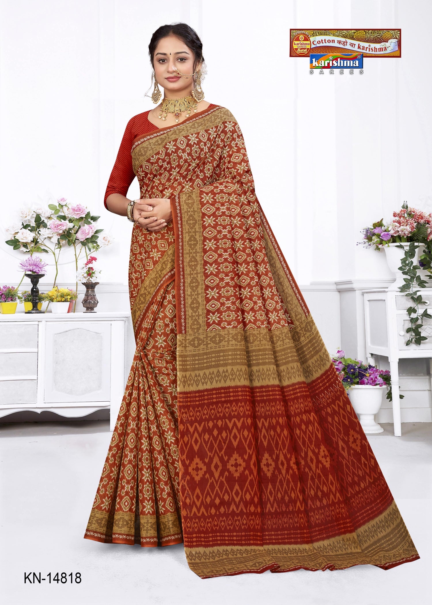 Orange Pure Cotton (Medium Soft Mulmul) Saree With Vibrant Ikat Print