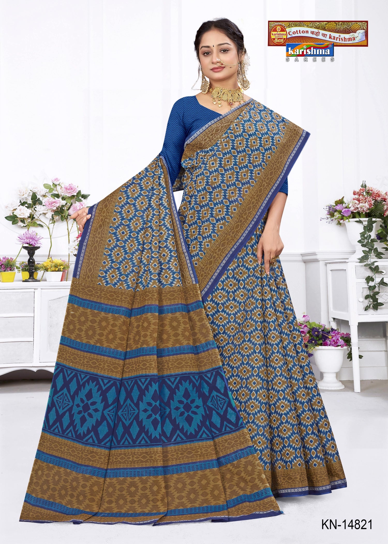 Blue Pure Cotton Mulmul (Medium Soft) Saree With Vibrant Ikat Print