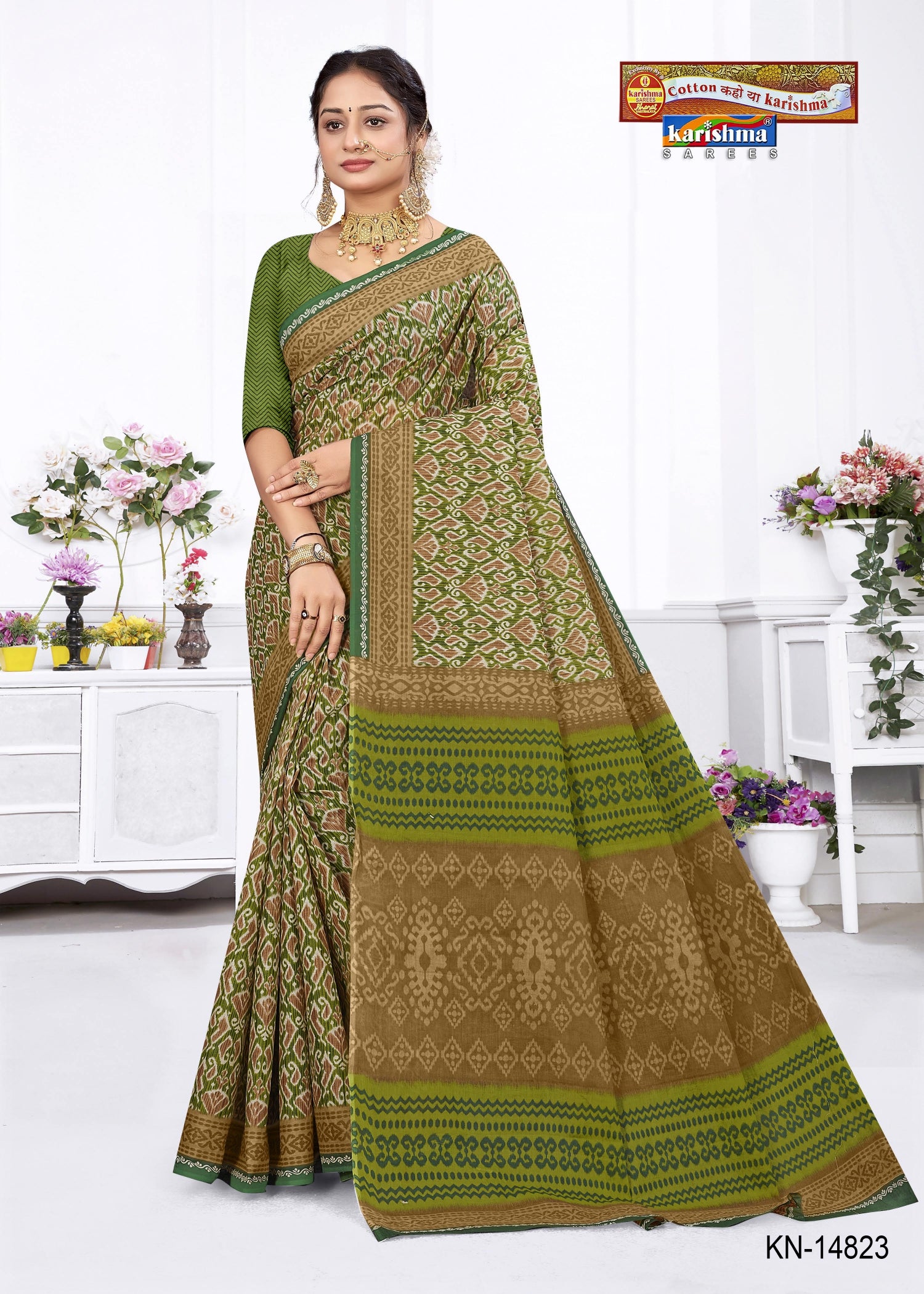 Olive Pure Cotton Mulmul (Medium Soft) Saree With Vibrant Ikat Print