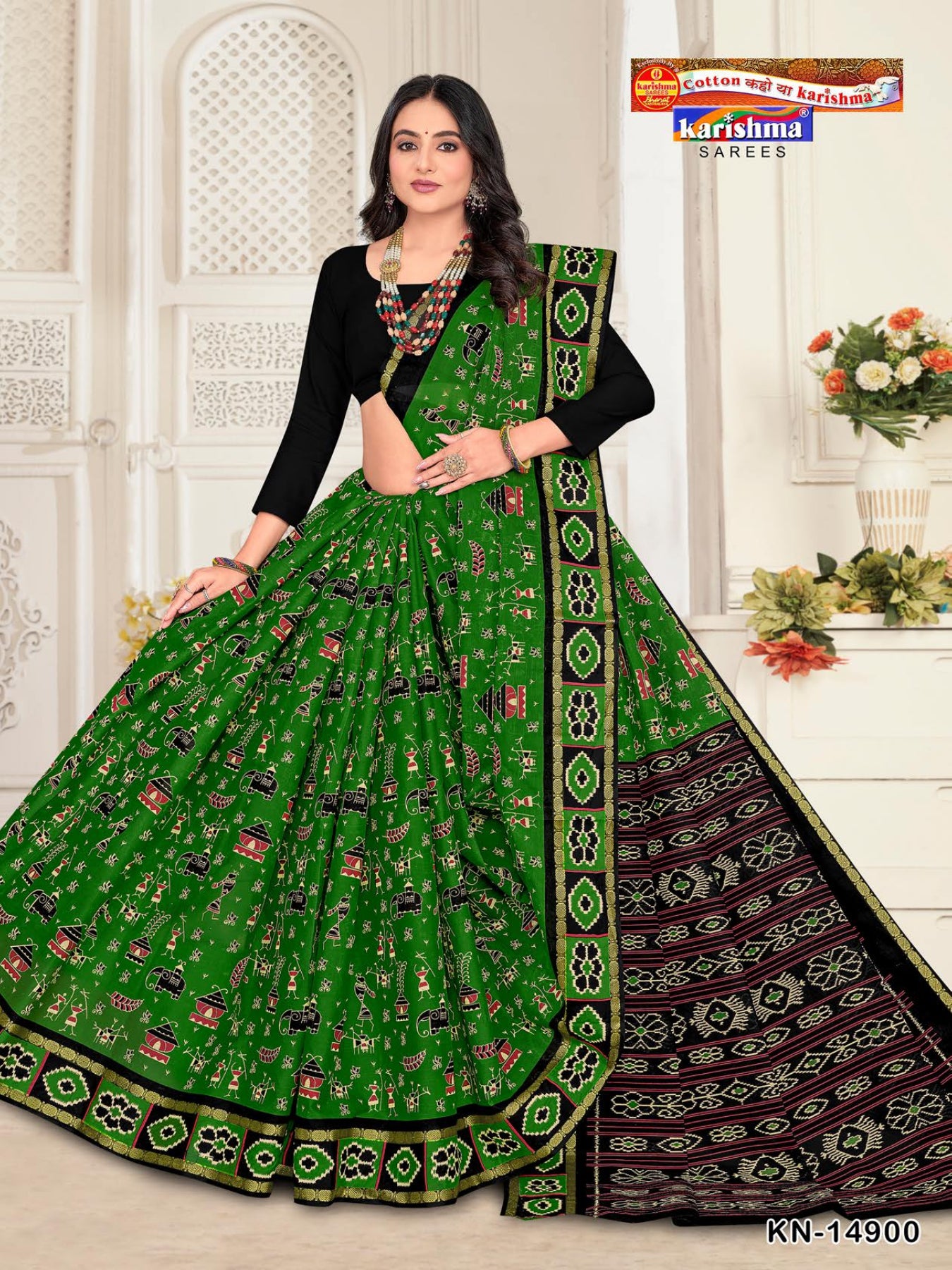 Classic Green Pure Cotton Mulmul (Medium Soft) Saree With Traditional Warli Print