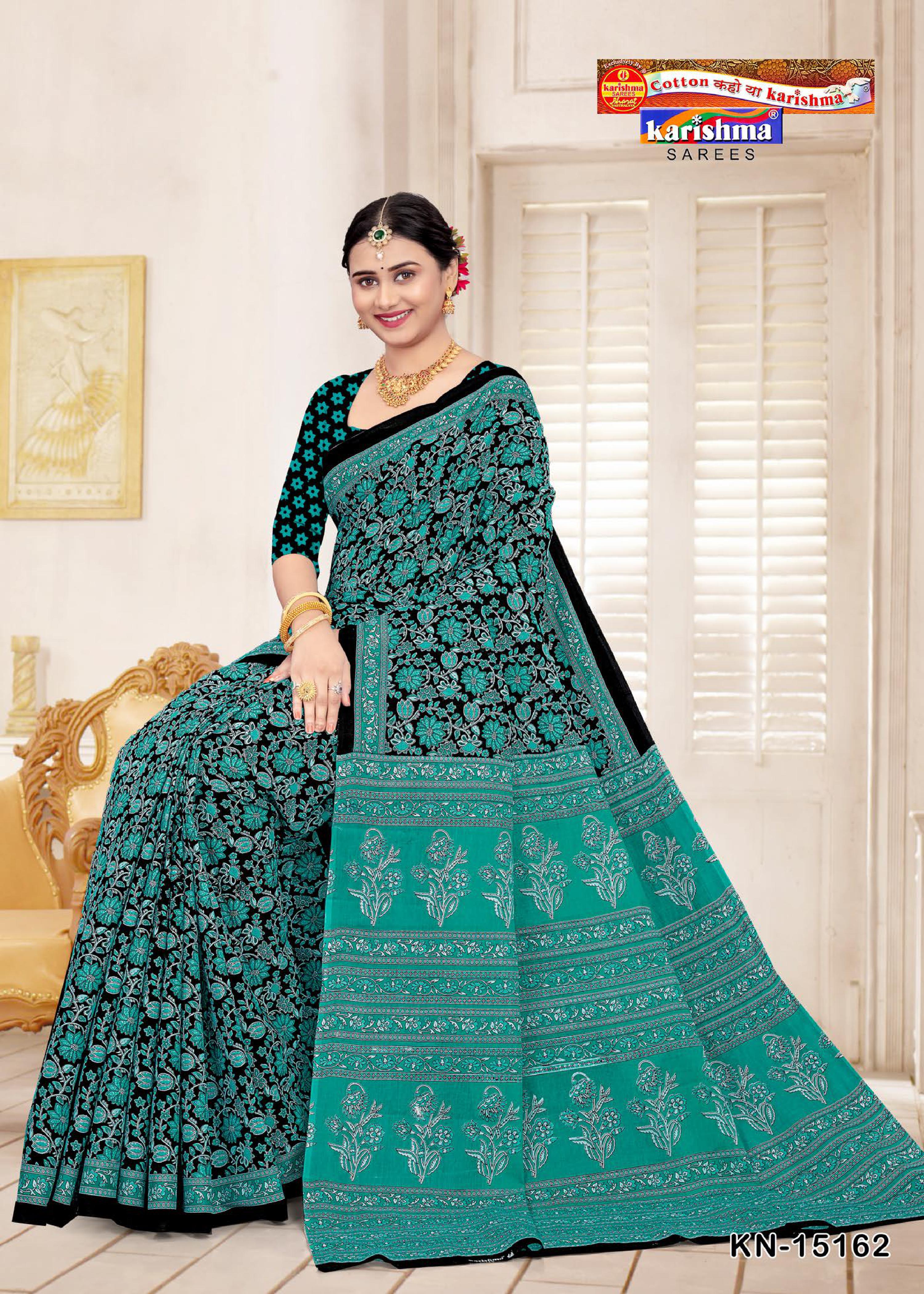 Teal Pure Cotton Malai (Soft) Saree With Floral Print & Small Broder