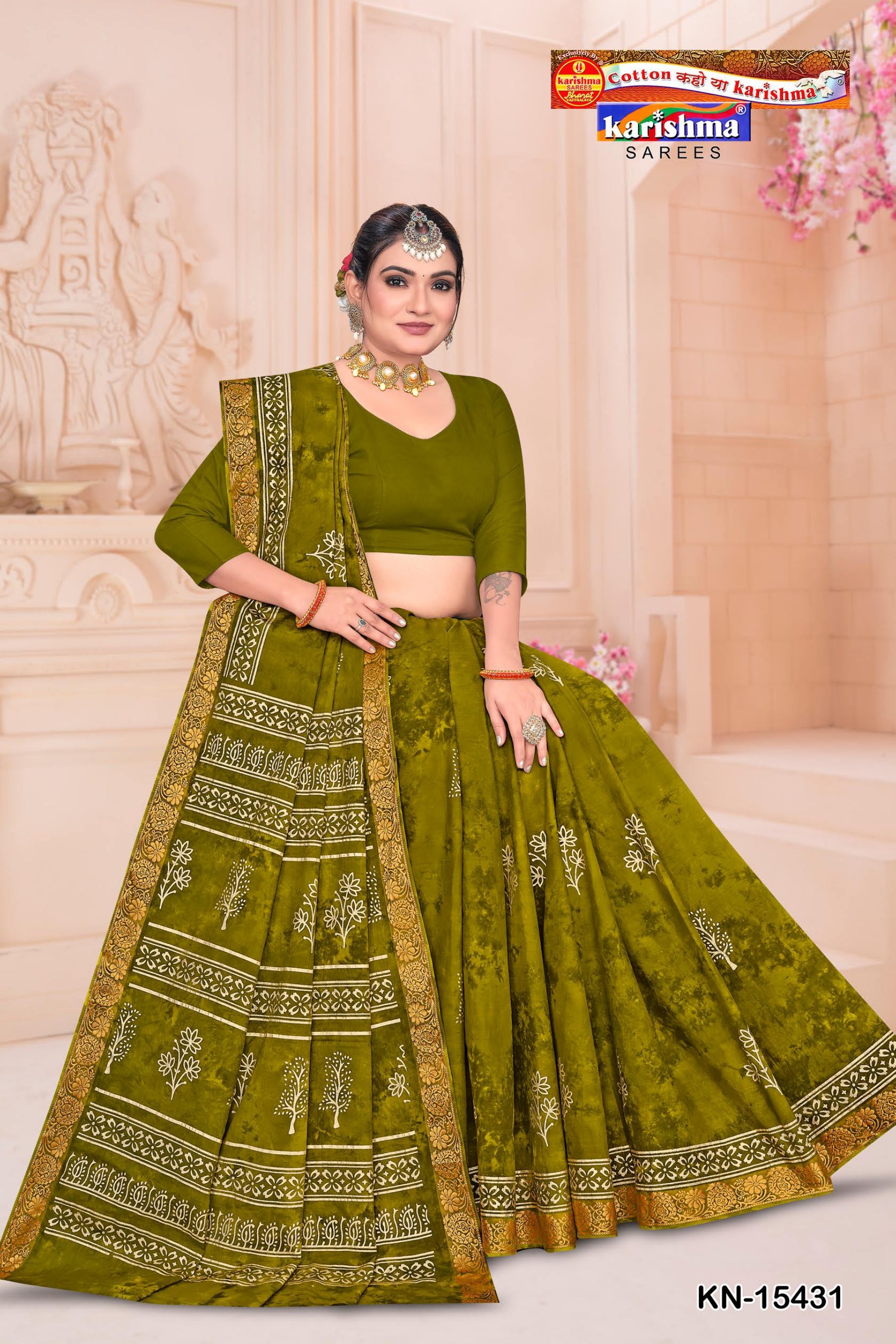 Olive Pure Cotton Muslin (Soft) Saree With Elegant Gold Zari Design