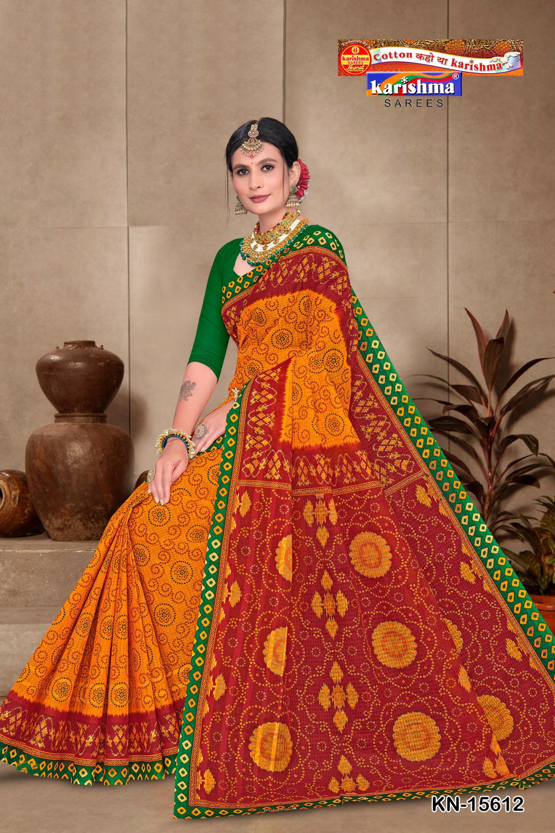 Yellow Traditional Yellow and Red Pure Cotton (mulmul) Saree with Intricate Bandhani/Bandhej Design