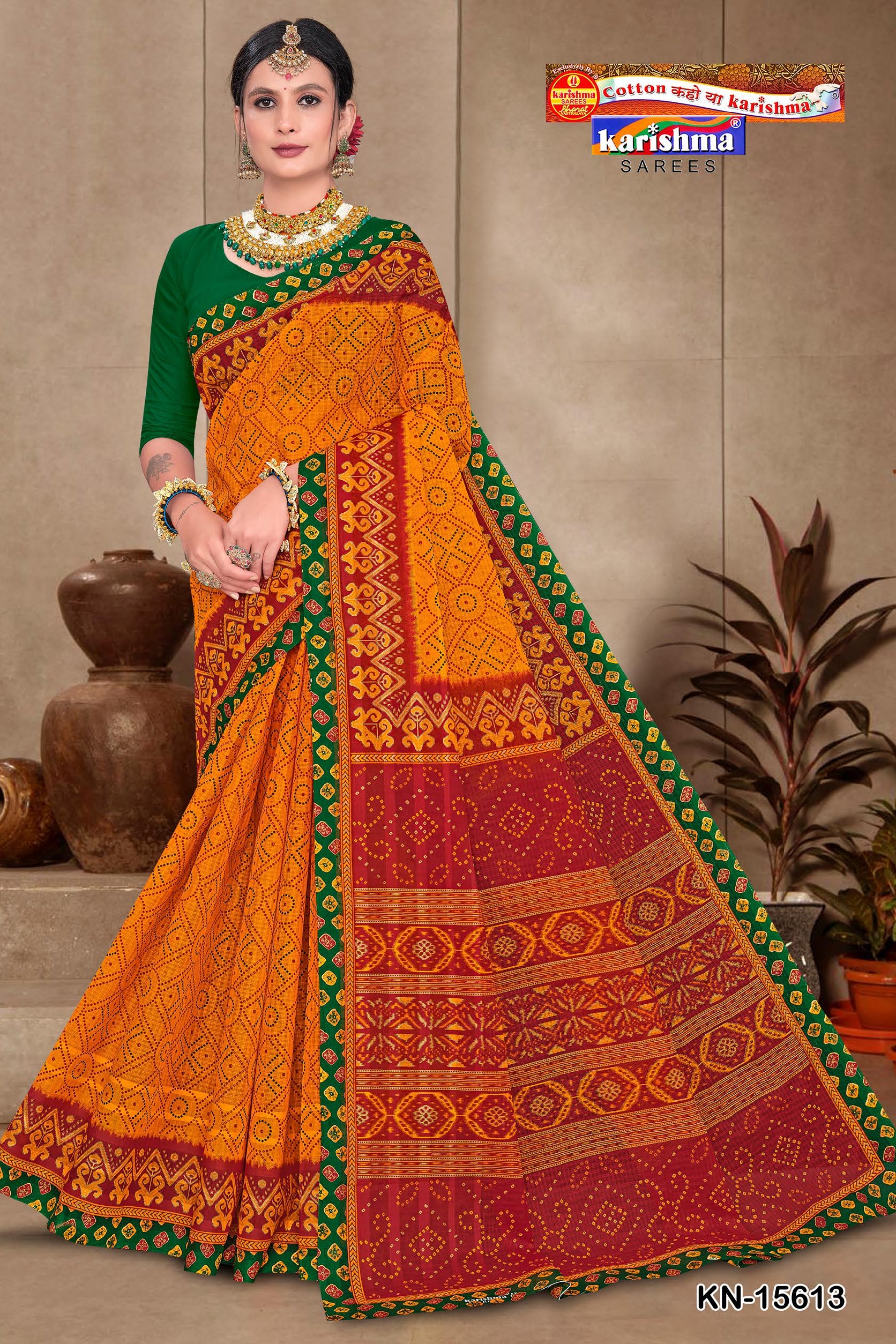 Yellow Traditional Yellow and Red Pure Cotton (mulmul) Saree with Intricate Bandhani/Bandhej Design