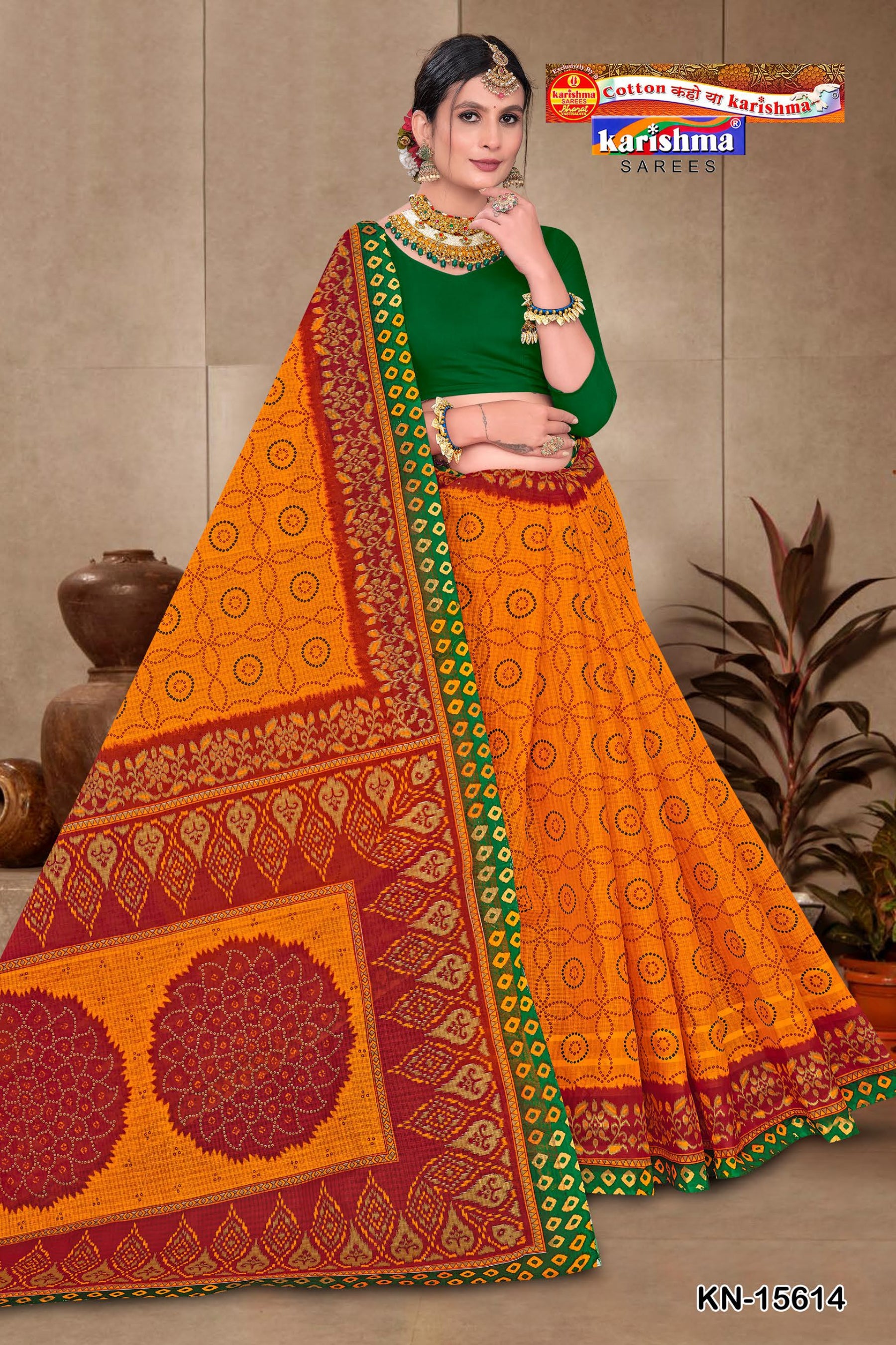 Yellow Traditional Yellow and Red Pure Cotton (mulmul) Saree with Intricate Bandhani/Bandhej Design