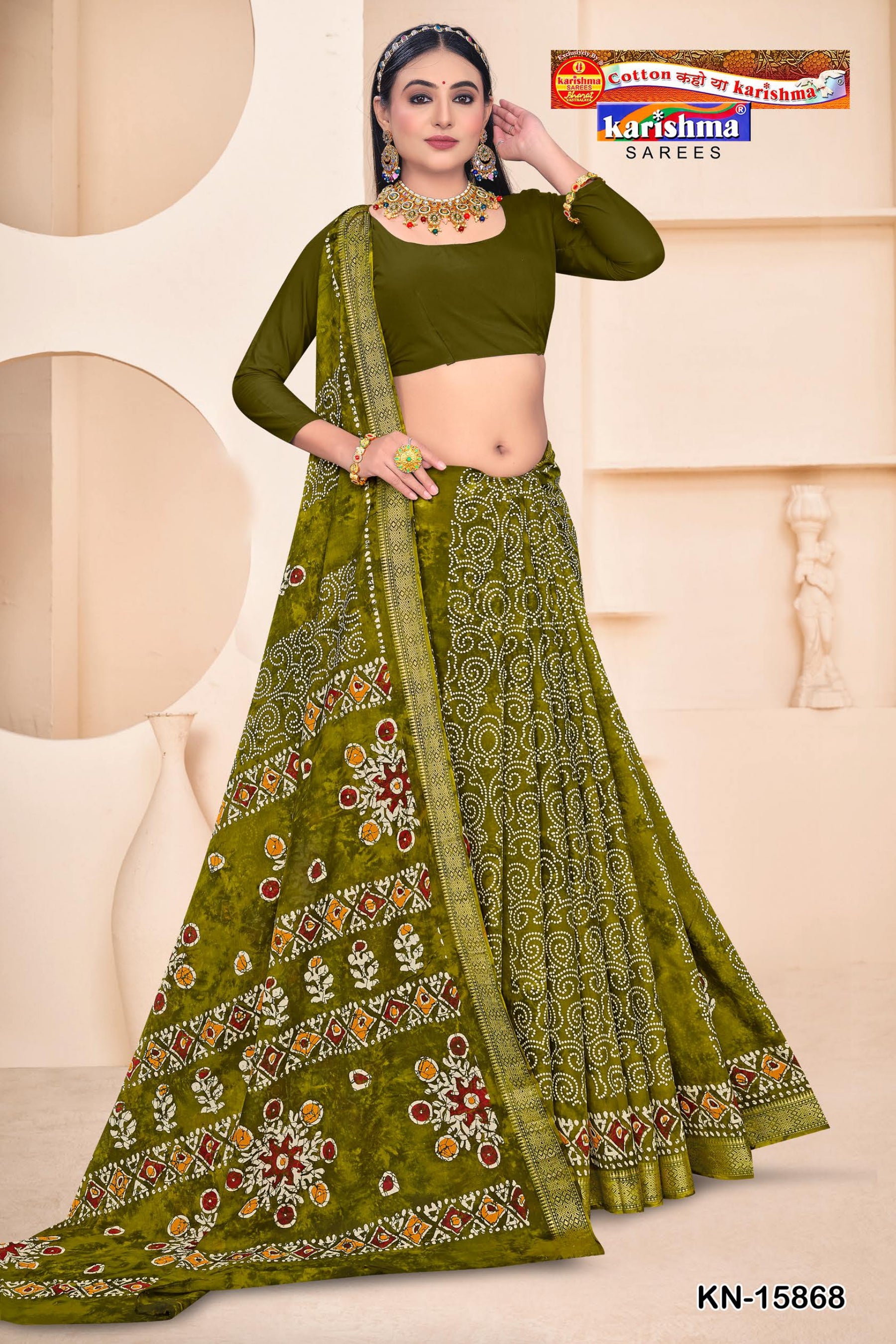 Olive Green Pure Cotton Saree Muslin (Soft) With Exquisite combination With Classic Bandhani And Batik Design Perfect For Festive