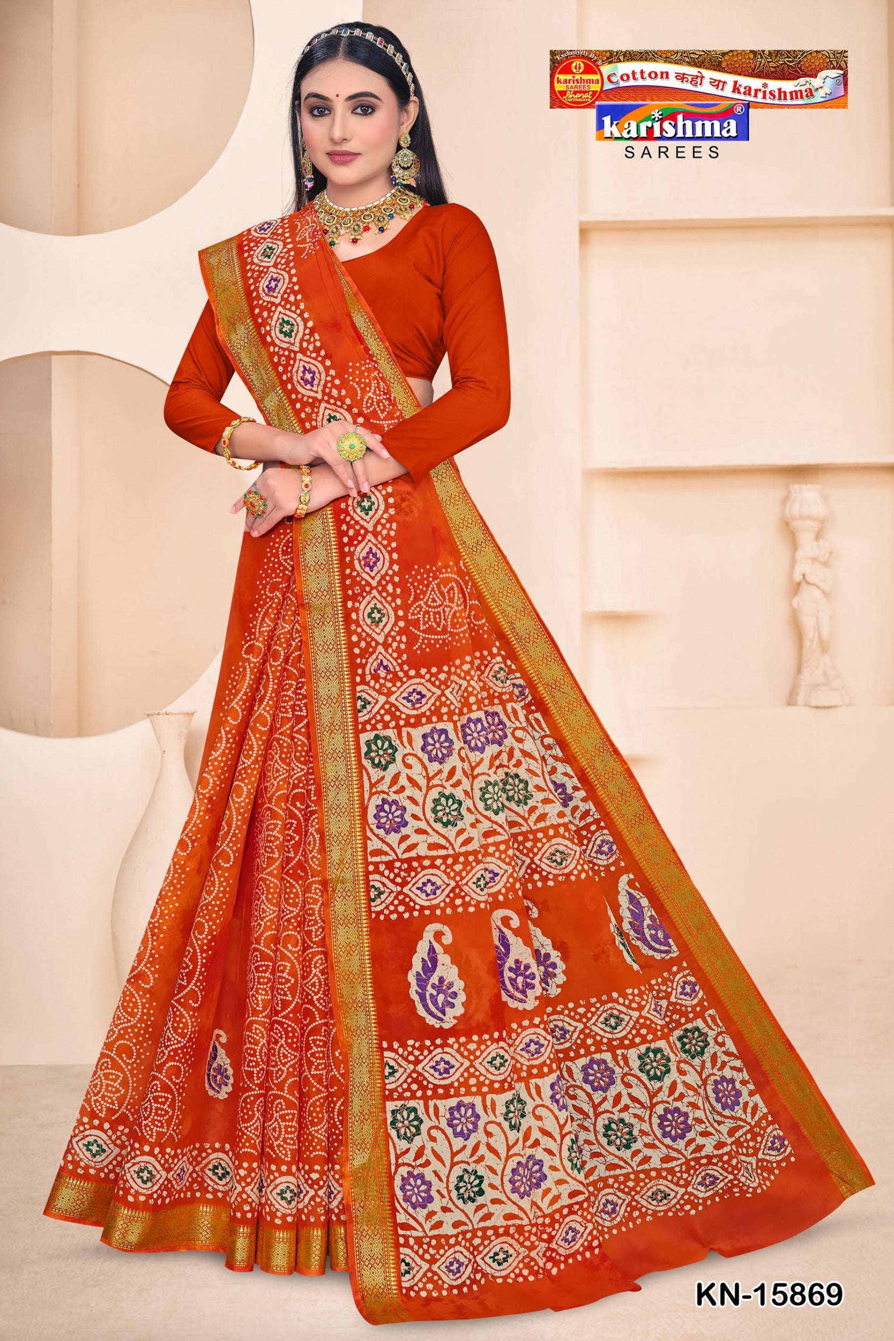 Orange Pure Cotton Saree (Soft Muslin) With Exquisite combination With Classic Bandhani And Batik Design Perfect For Festive