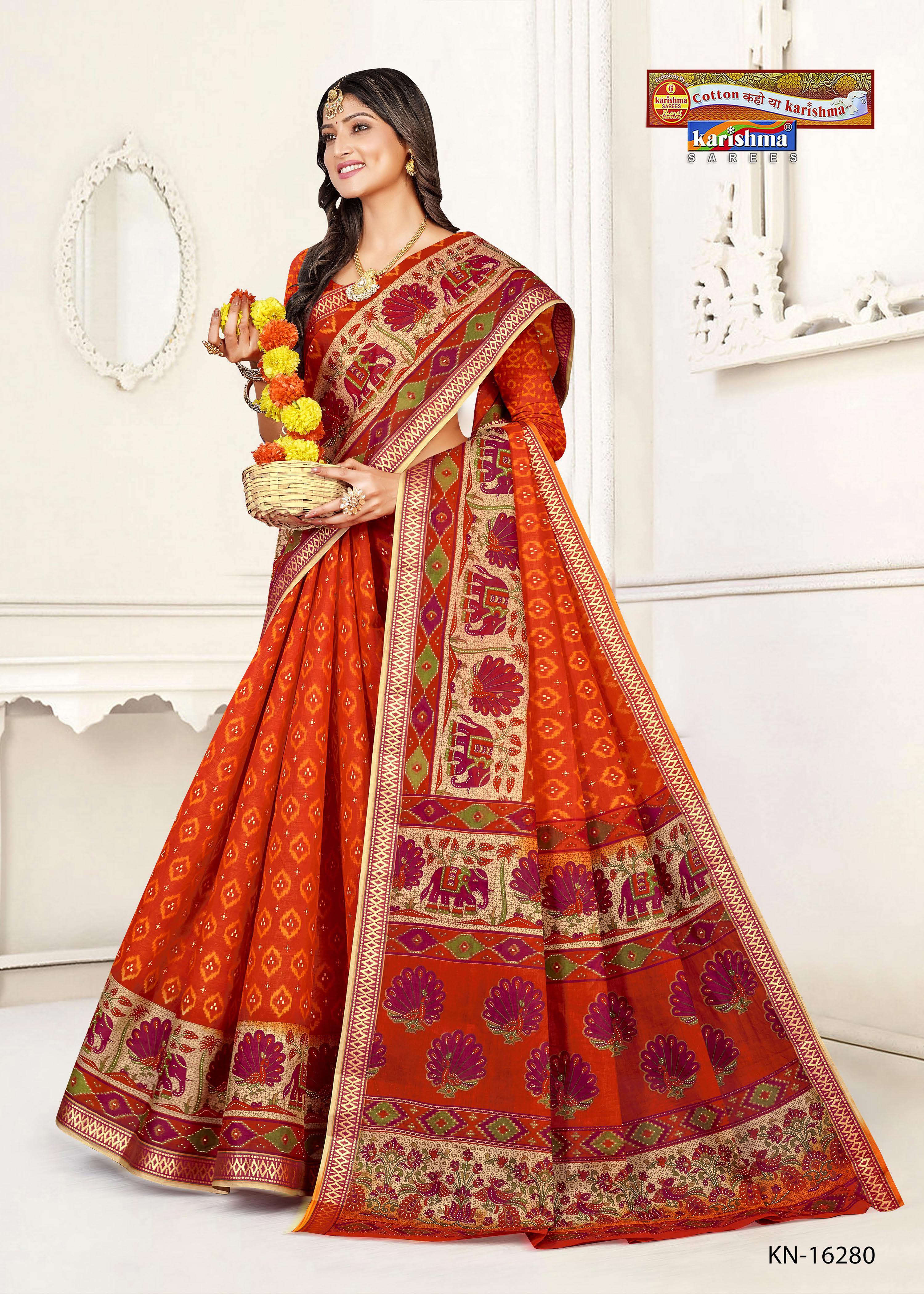 Orange Ikat Weave Handloom Style Design Pure Mulmul Printed Cotton Saree