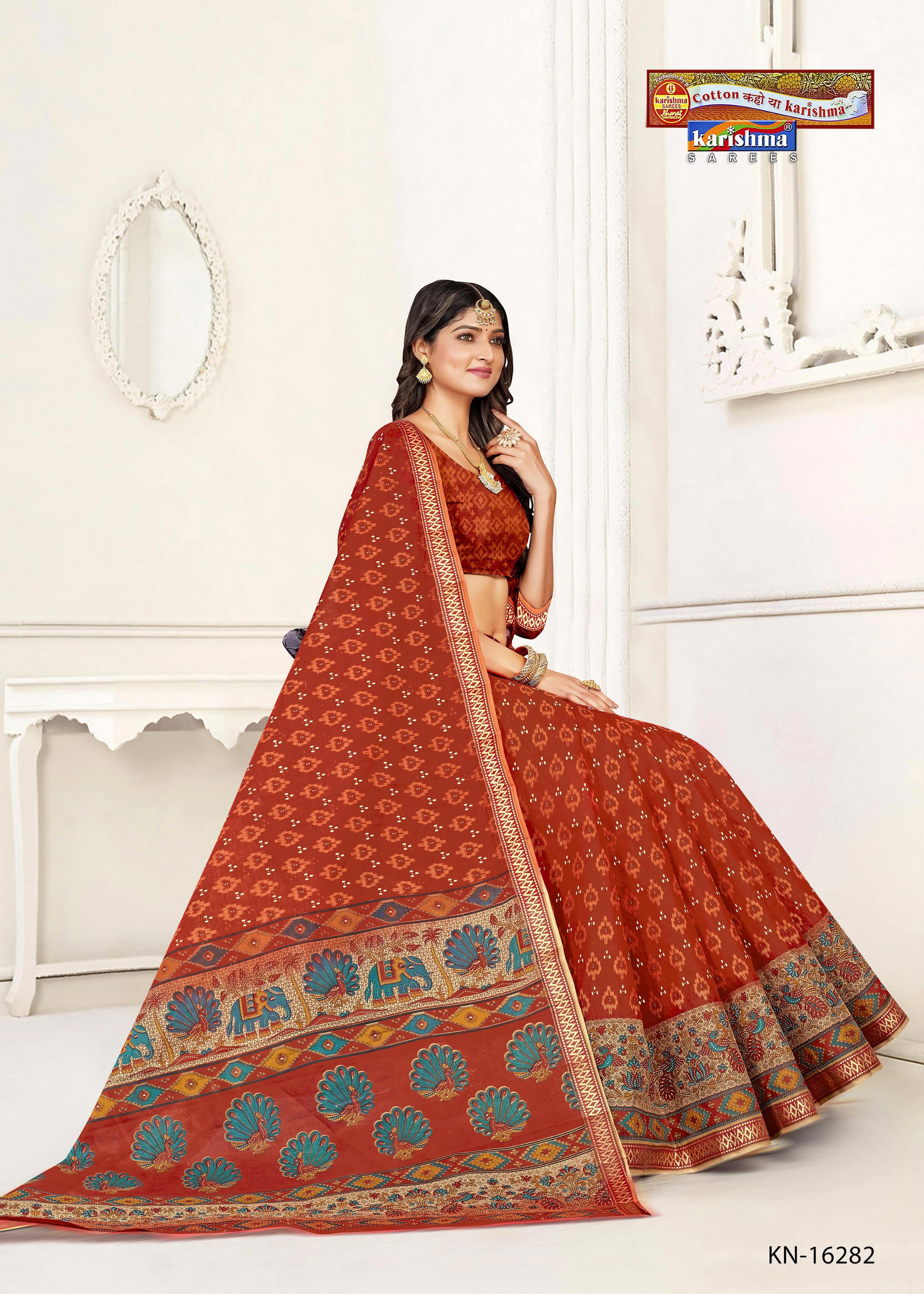 Brown Ikat Weave Handloom Style Design Pure Mulmul Printed Cotton Saree