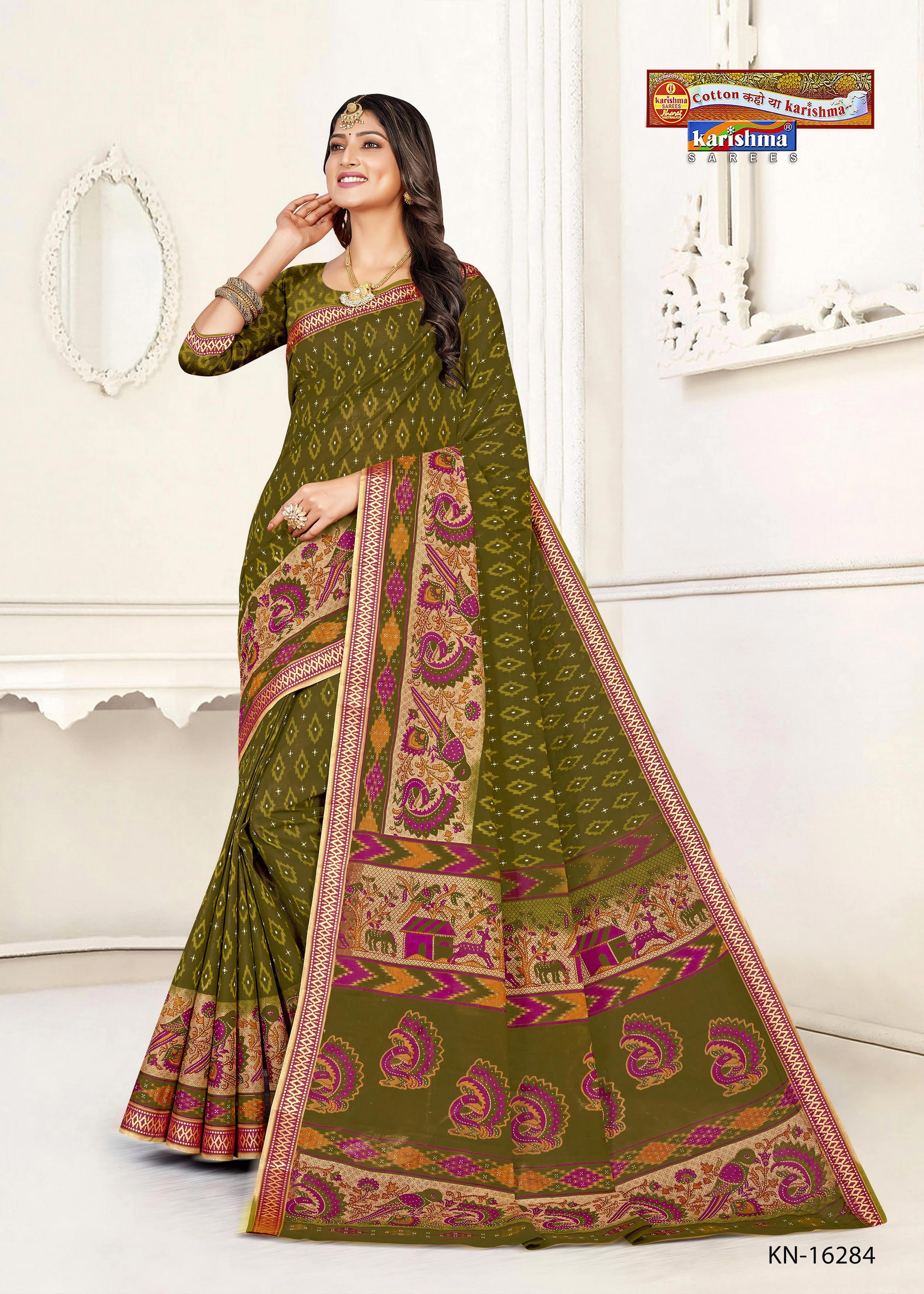 Olive Ikat Weave Handloom Style Design Pure Mulmul Printed Cotton Saree