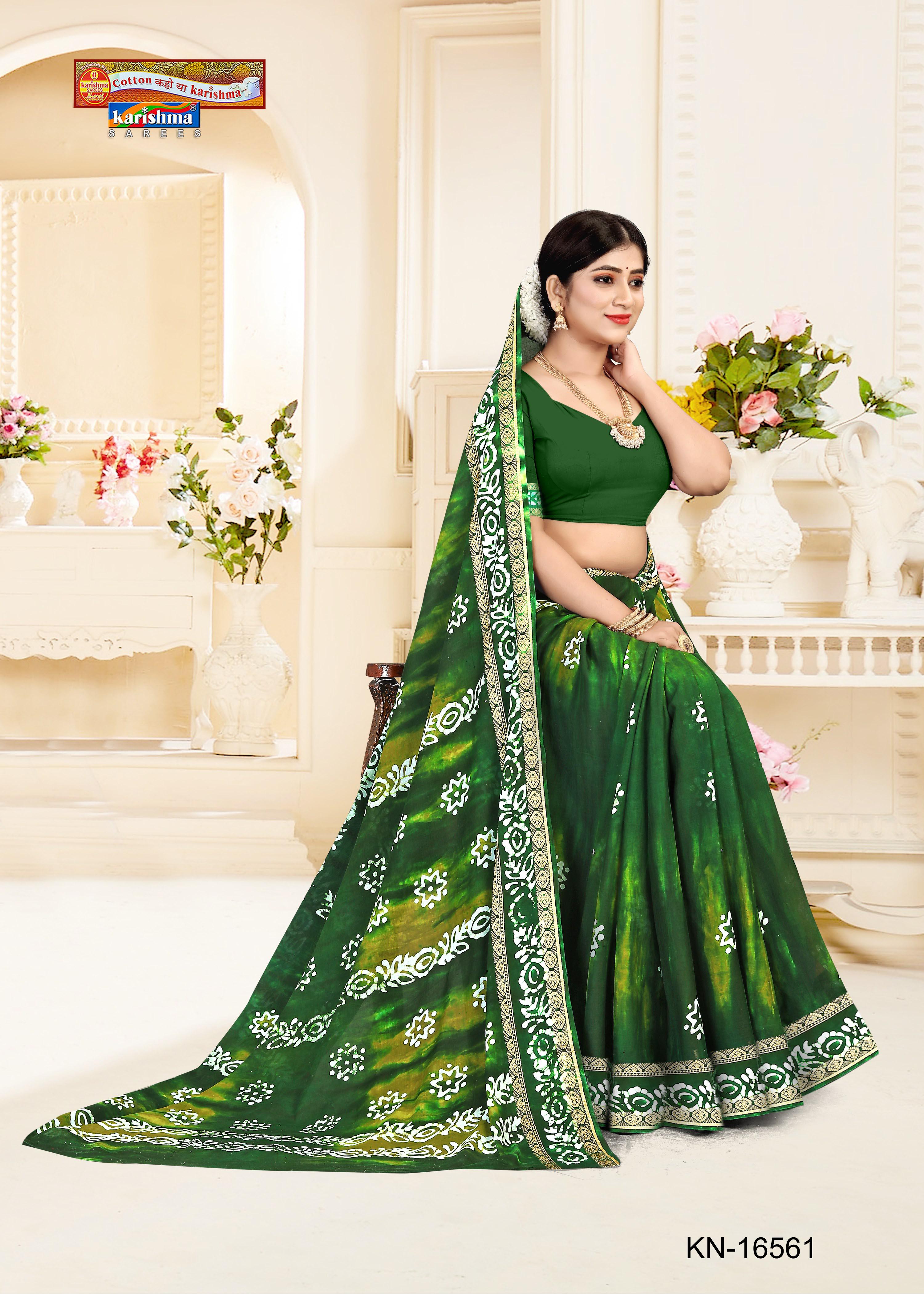 Green Traditional Batik Tie Dye Style Design Pattern Printed Pure Cotton Saree with Border