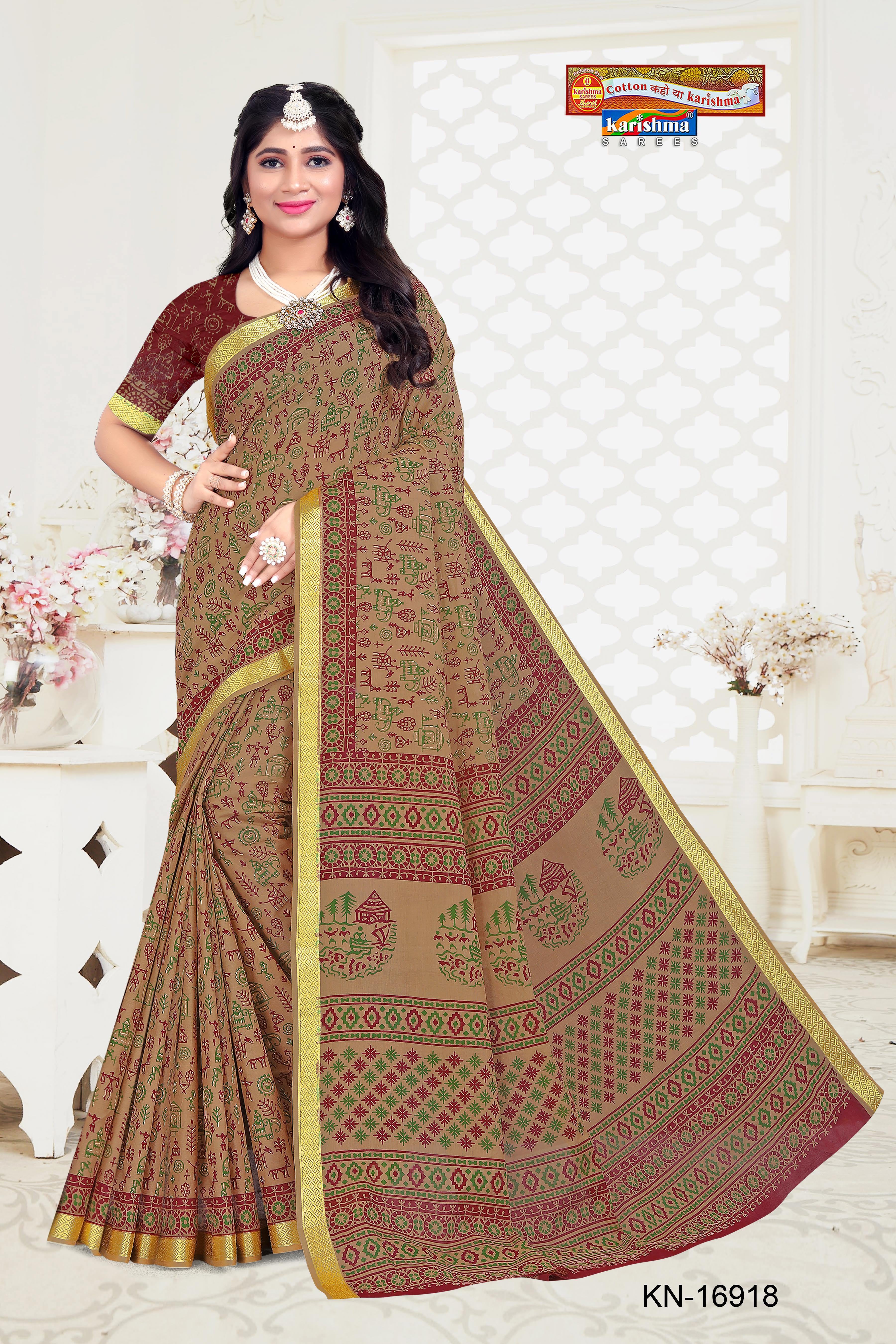 Brown Tribal Maharashtrian Warli Print Design Gold Zari Border Printed Pure Cotton Saree