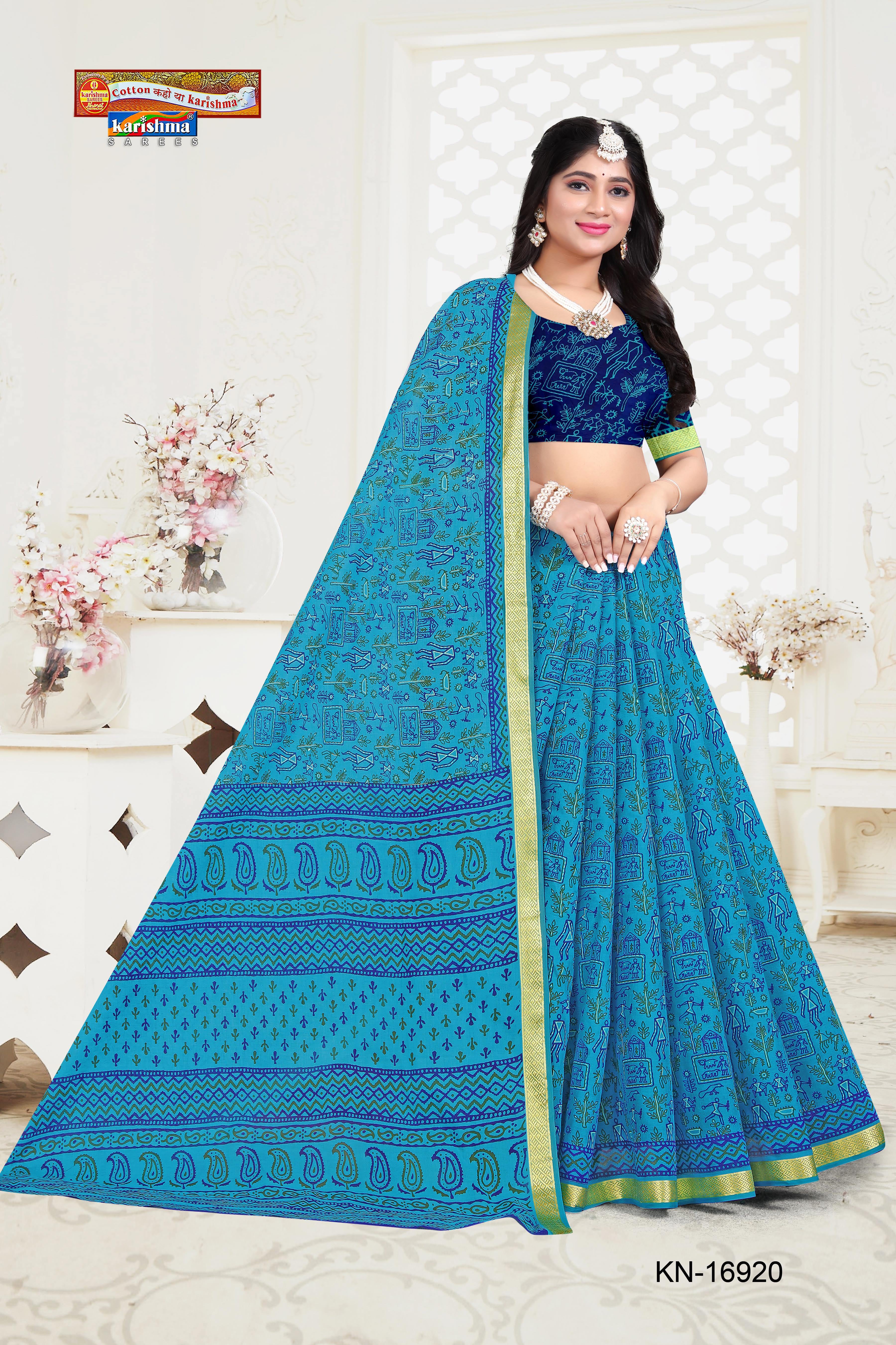 Blue Tribal Maharashtrian Warli Print Design Gold Zari Border Printed Pure Cotton Saree