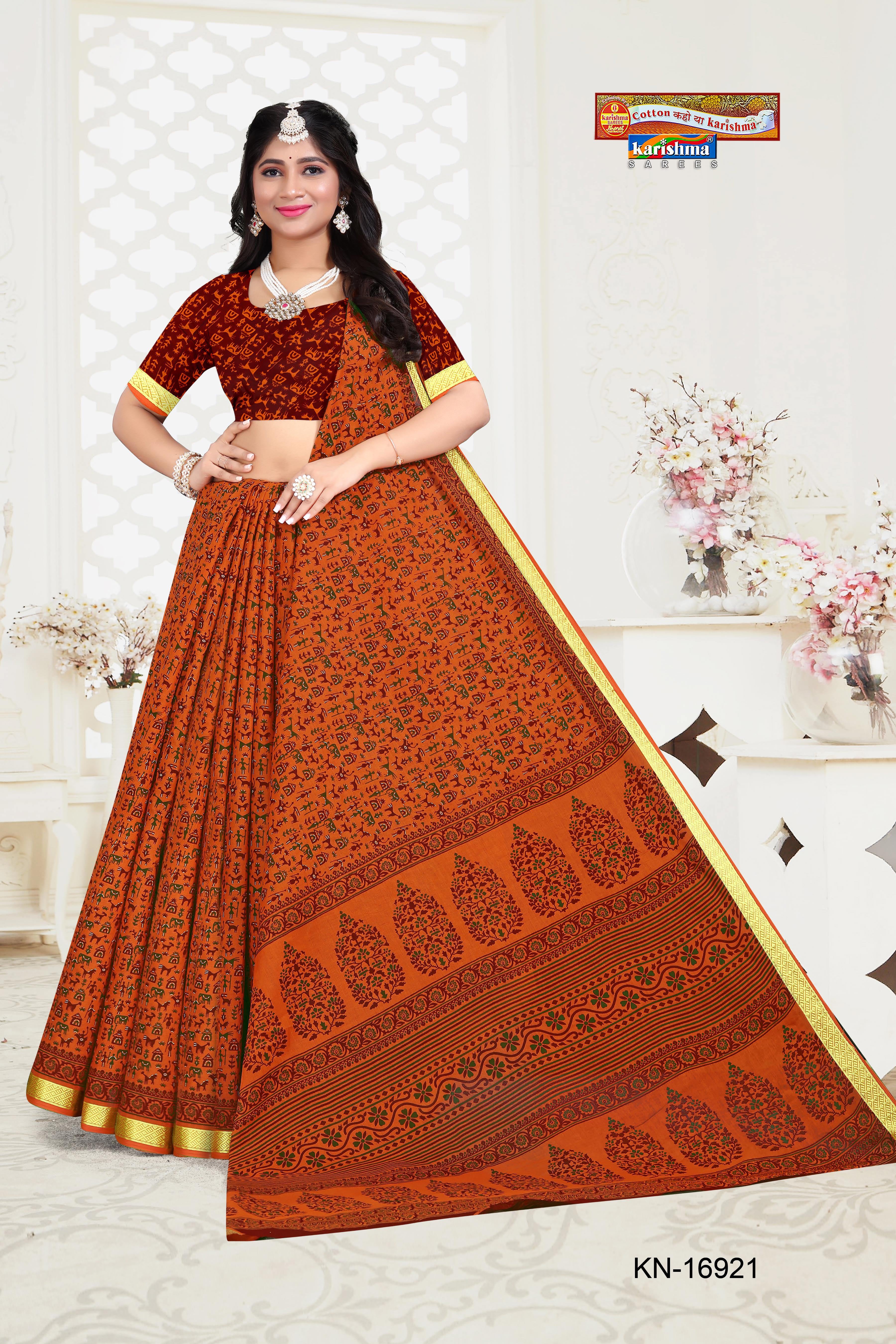 Orange Tribal Maharashtrian Warli Print Design Gold Zari Border Printed Pure Cotton Saree