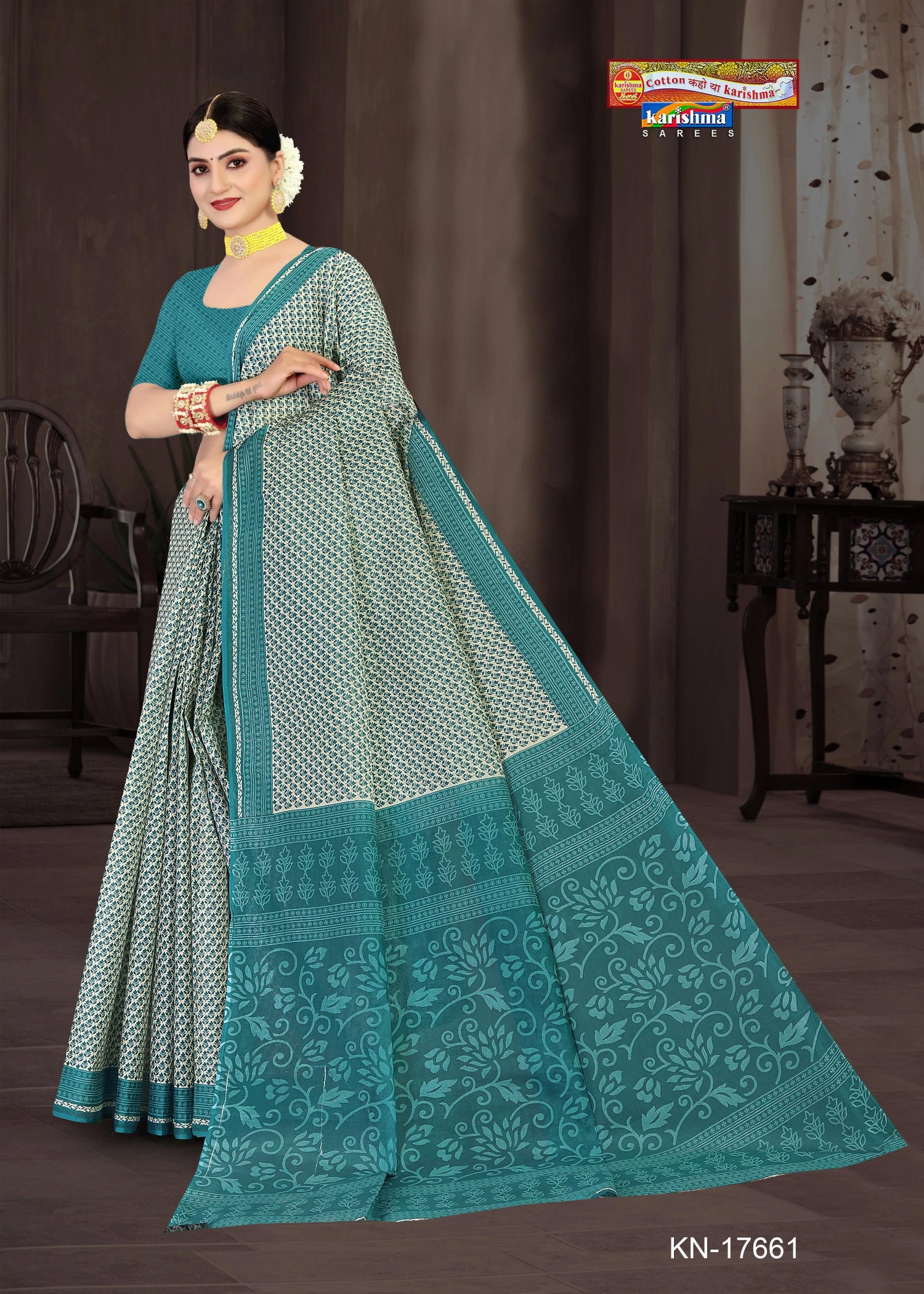 Blue Pure Cotton Mulmul (Medium Soft) Saree With Delicate Leaf Motif Print