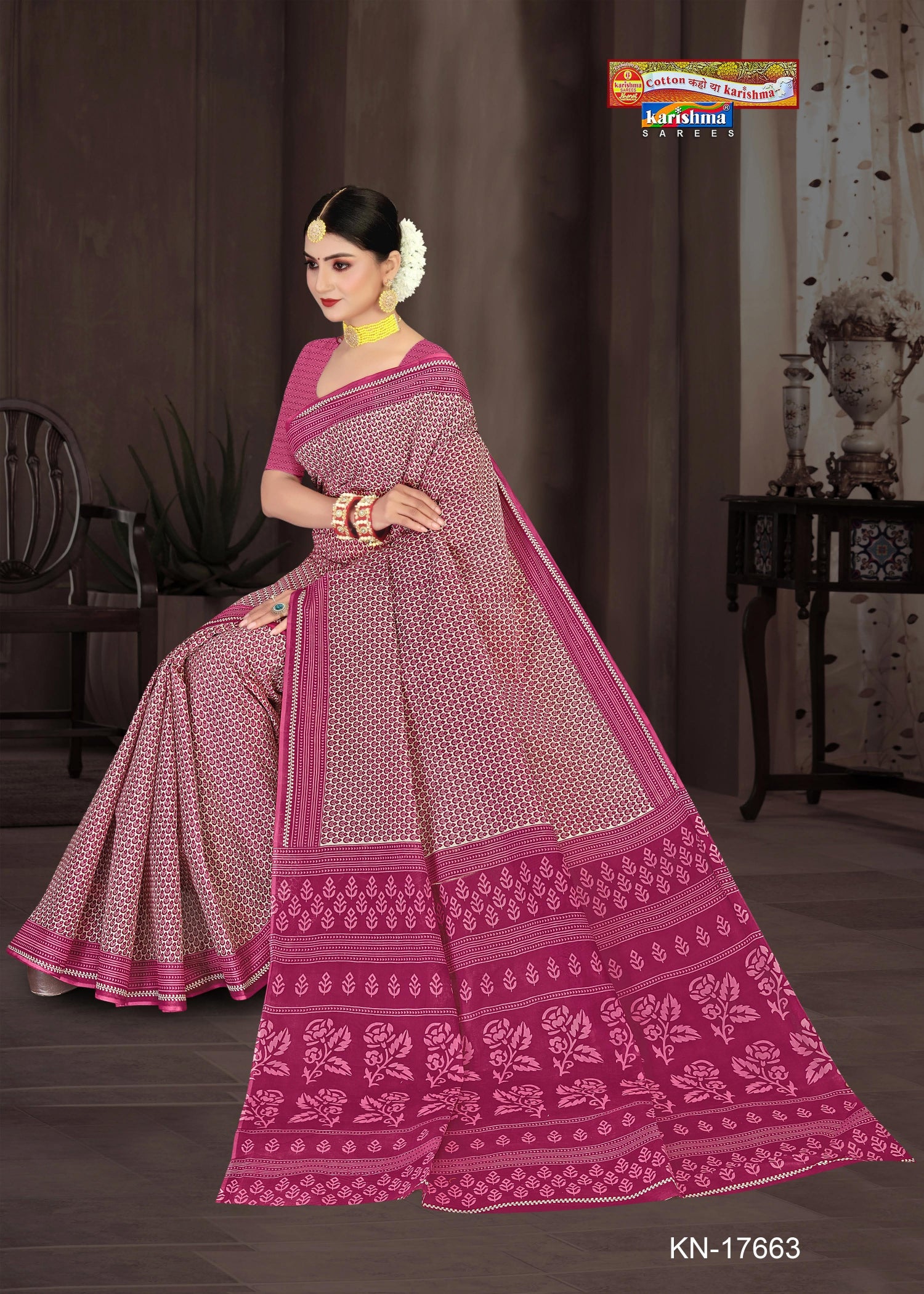 Pink Pure Cotton Mulmul (Medium Soft) Saree With Delicate Leaf Motif Print