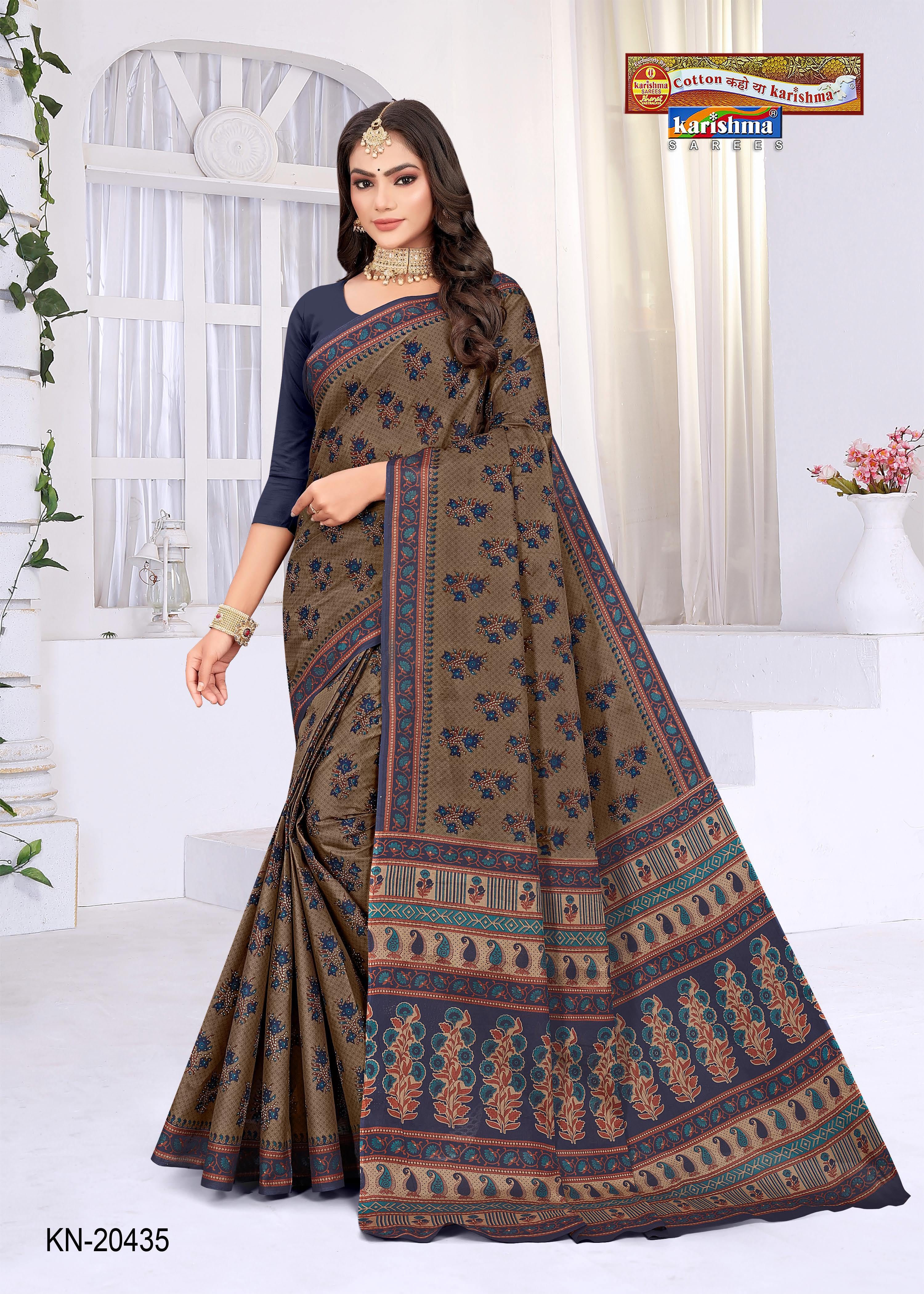 Navy Blue Bagru Cotton Printed Everyday Wear Saree